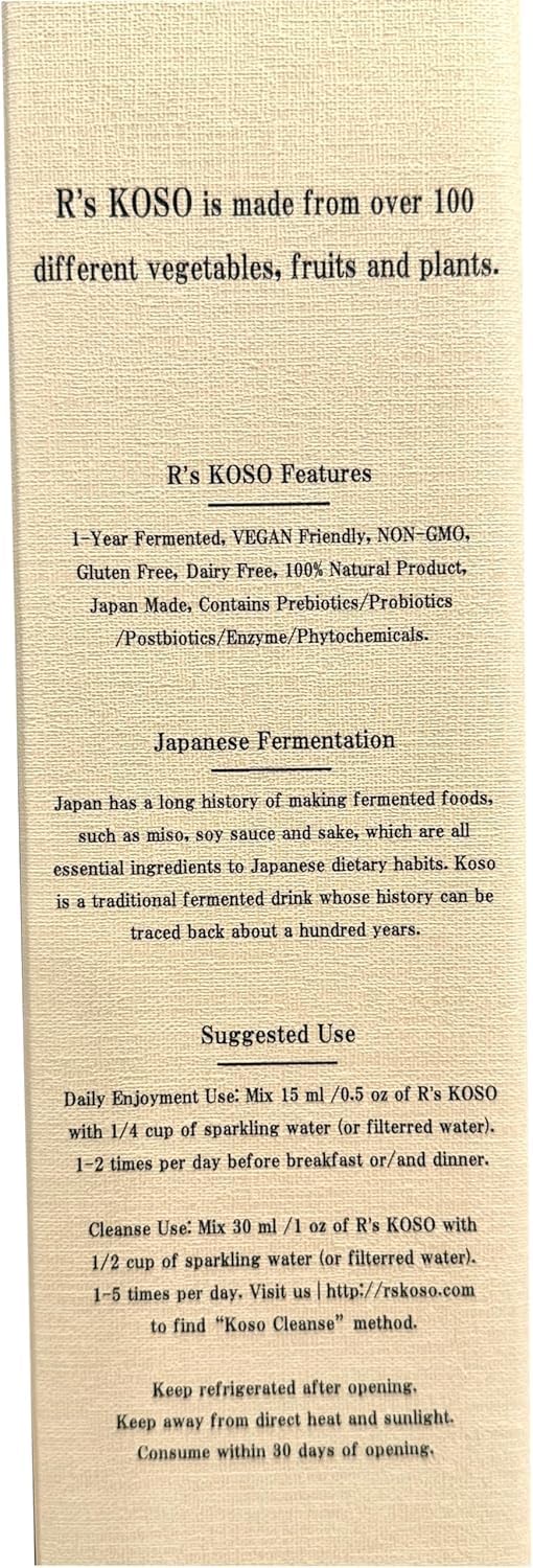 R's KOSO 3-Day Cleanse Japanese Enzyme Drink Rich in Postbiotics, Probiotics and Prebiotic, Made from 100+ Vegetables ＆ Fruits - Natural Support for Better Digestion & Gut Health + Detox - 16oz R's KOSOAu supplements