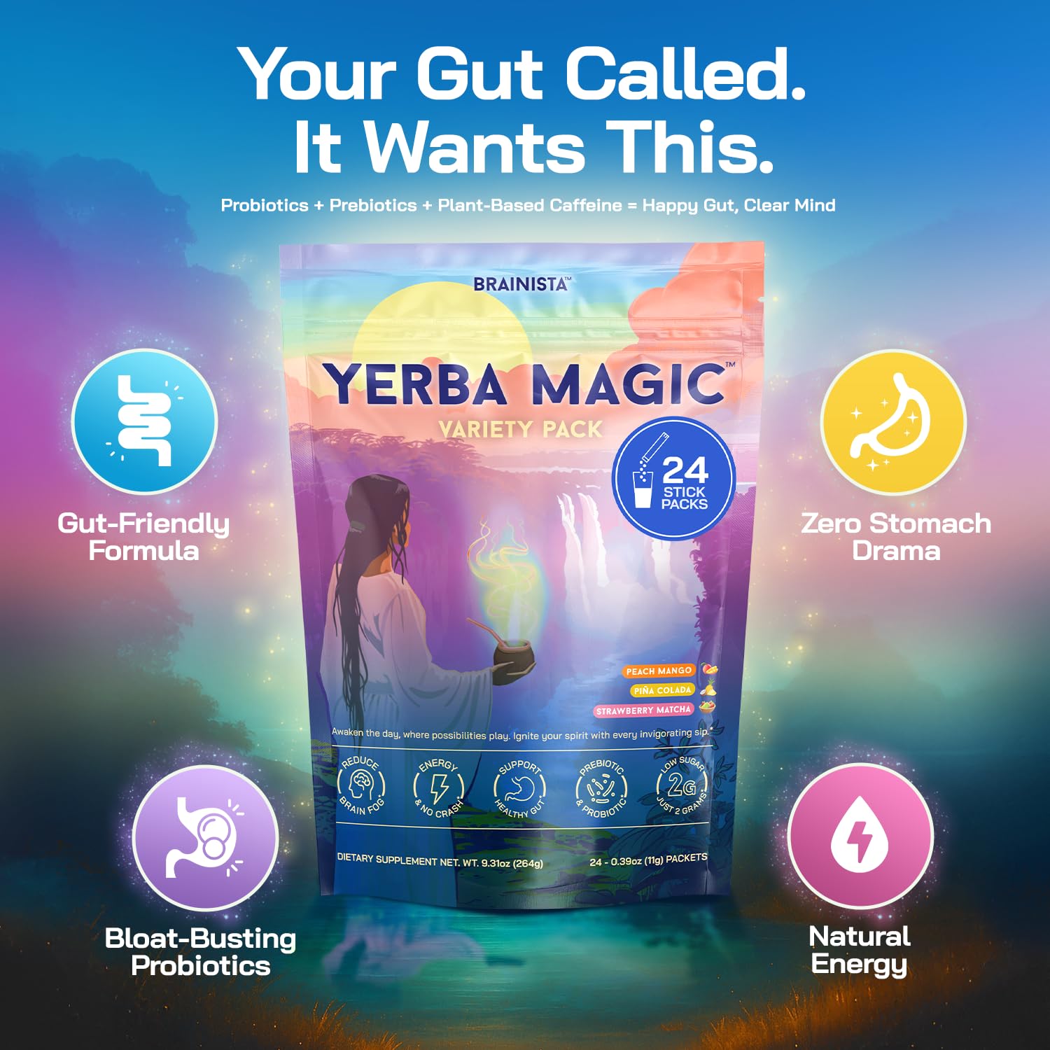 Yerba Magic Instant Yerba Mate Powder Packets – Clean Energy & Focus Drink Mix for Gut Health – Nootropic Blend with Lion’s Mane, L-Theanine, Prebiotics & Probiotics – Low Sugar Natural Caffeine – Variety Pack, 24 Sticks BrainistaAu supplements