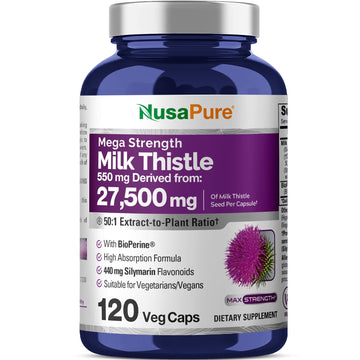 NusaPure Milk Thistle 50:1 Extract, 550 mg Equivalent to 27,500mg 120 Veggie Capsules Non-GMO, Vegan Max Strength - Standardized 80% Silymarin, Bioperine NusaPureAu supplements