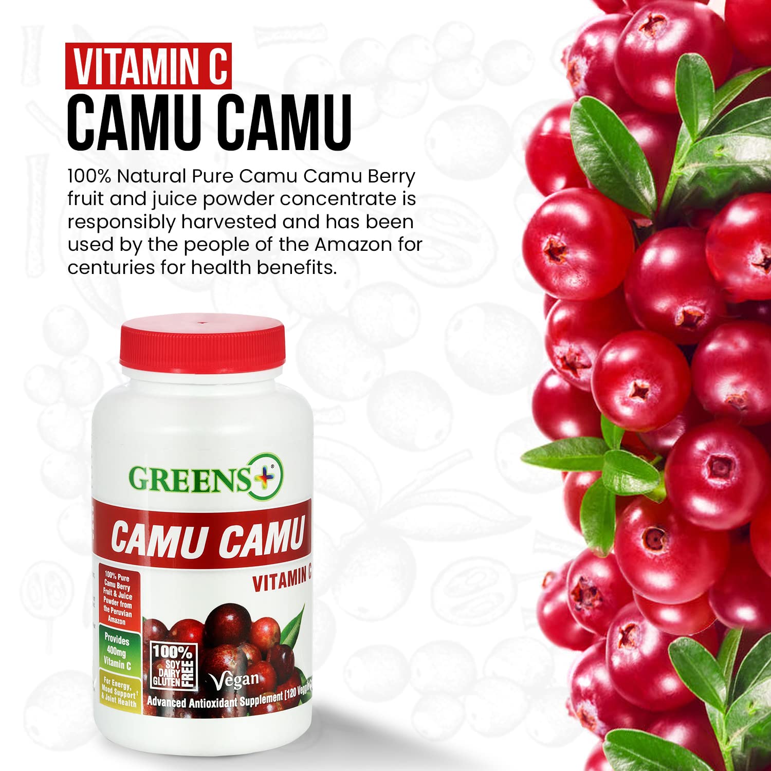 Greens+ Organic Reds Superfood Powder Camu Camu Dietary 400mg Vitamin C SuperFruit Supplement 120 Capsules, 100% Natural, Vitamins & Minerals, Vegan, Soy/Dairy/Gluten Free Greens+Au supplements