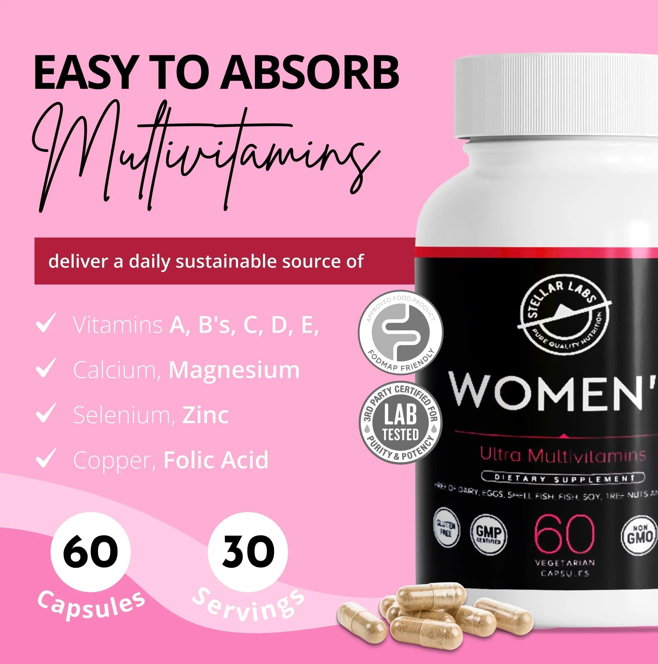 Stellar Labs Low FODMAP Vegan Women's Ultra Multi-Vitamin | Easy to Digest Daily Multivitamin Without Iron | Low Energy Supplement, Female Support | Stellar LabsAu supplements