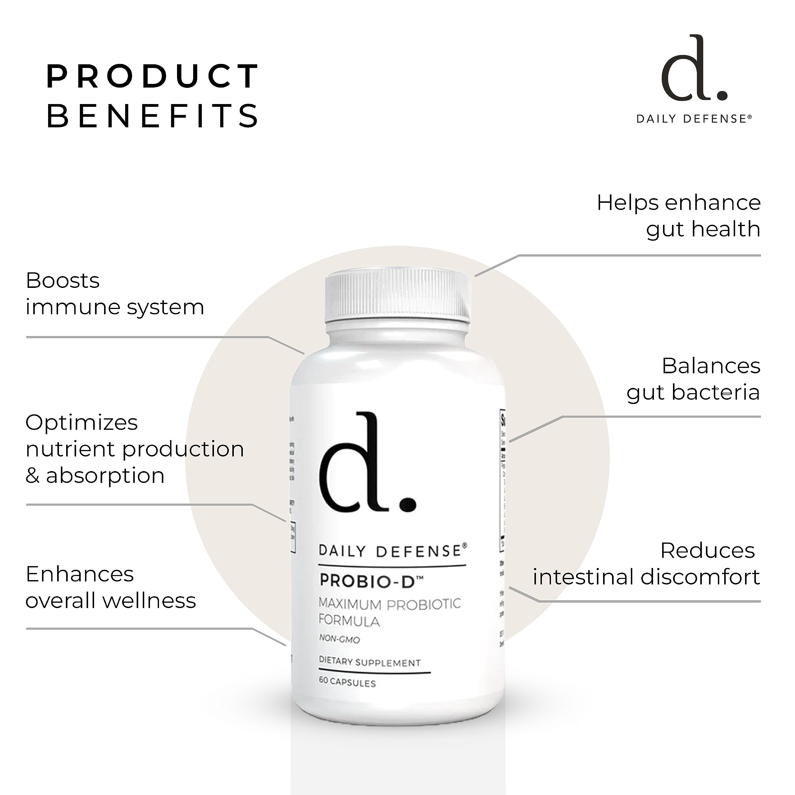 Daily Defense Probiotic Immune Support Supplement - Daily Probiotics for Men with Constipation & Gas - Digestion and Bloating Supplement & Probiotics for Women - 60 Capsules, PROBIO-D Daily DefenseAu supplements