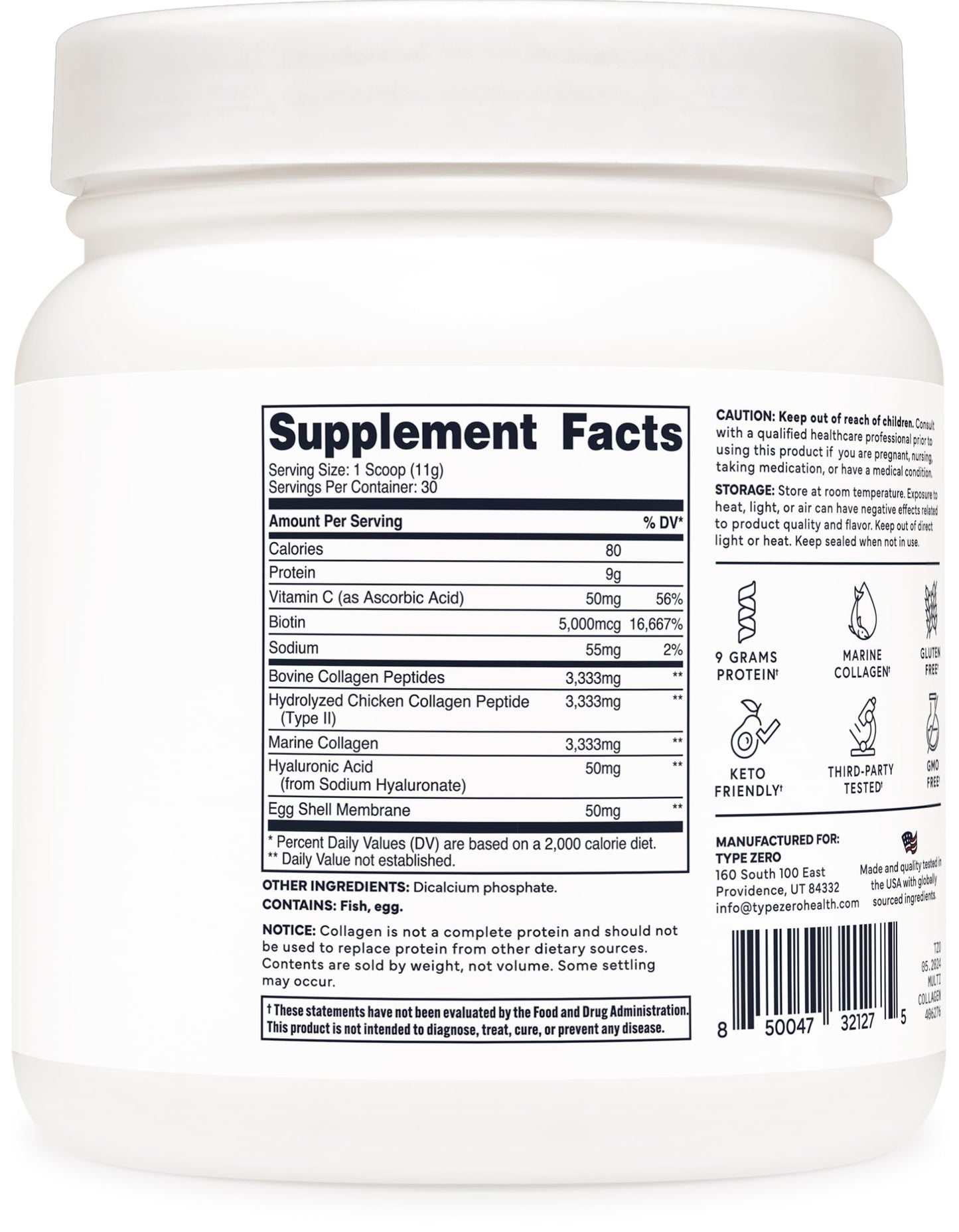 Type Zero Multi Collagen Powder 30 Servings (Unflavored) - Types I, II, III, V, & X Collagen Peptides + Hyaluronic Acid, VIT C, Biotin Type ZeroUS supplements