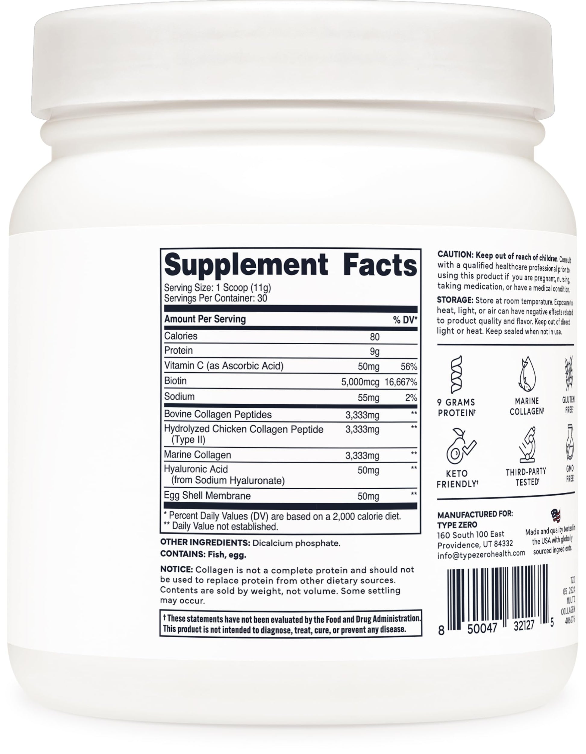 Type Zero Multi Collagen Powder 30 Servings (Unflavored) - Types I, II, III, V, & X Collagen Peptides + Hyaluronic Acid, VIT C, Biotin Type ZeroUS supplements