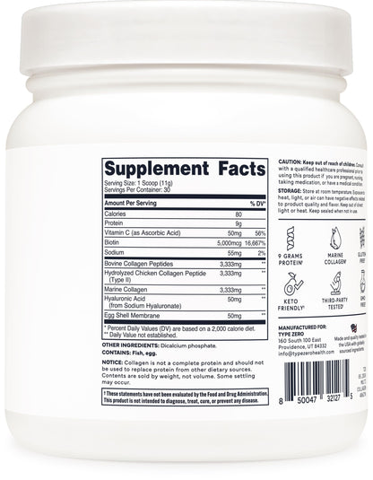 Type Zero Multi Collagen Powder 30 Servings (Unflavored) - Types I, II, III, V, & X Collagen Peptides + Hyaluronic Acid, VIT C, Biotin Type ZeroUS supplements