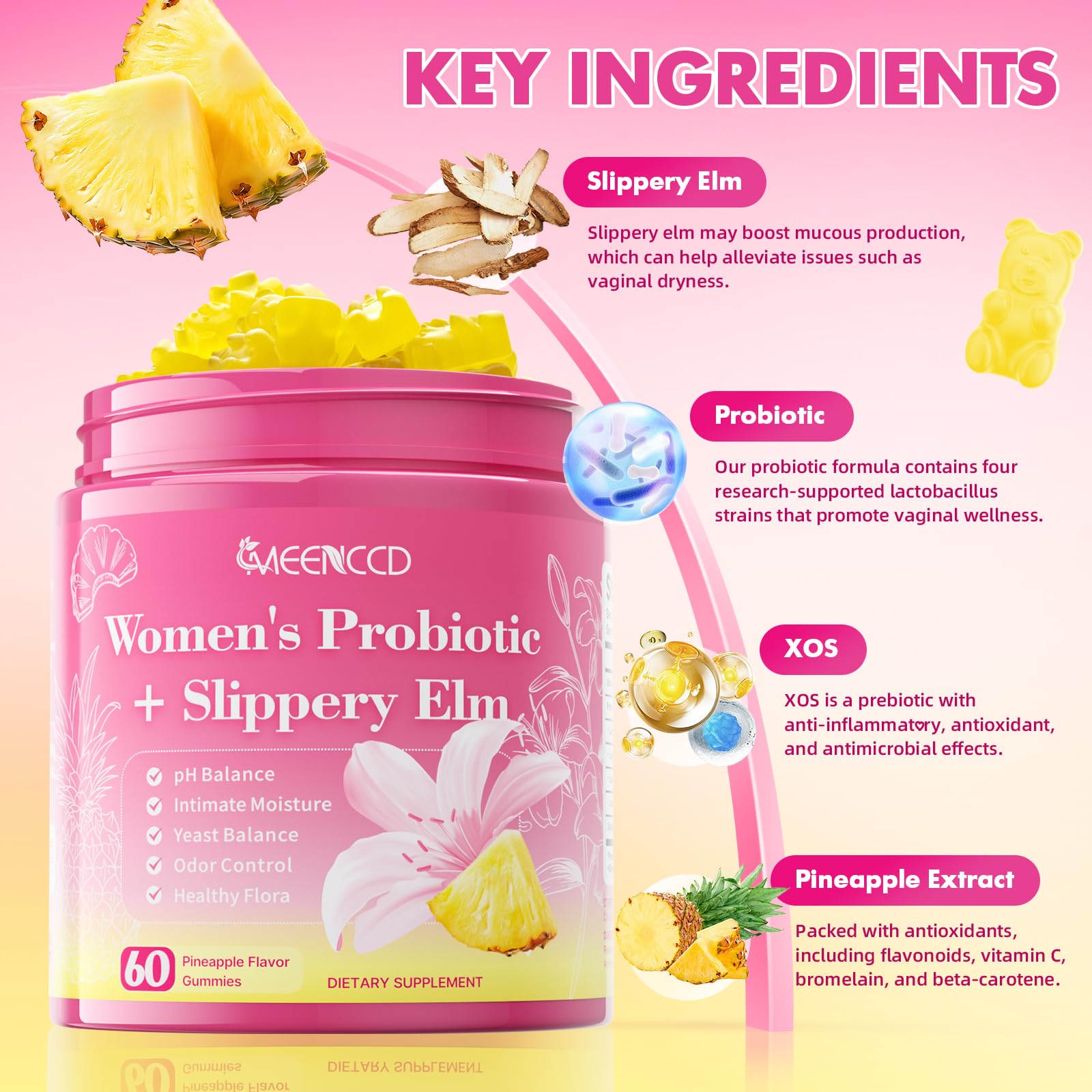 MEENCCD Her Juicy Feminine Probiotics Gummies with Slippery Elm & Lactobacillus Blend, Supports pH Balance & Immune Function, Promotes Vaginal Wellness, Pineapple Flavor, 60 Count MEENCCDAu supplements