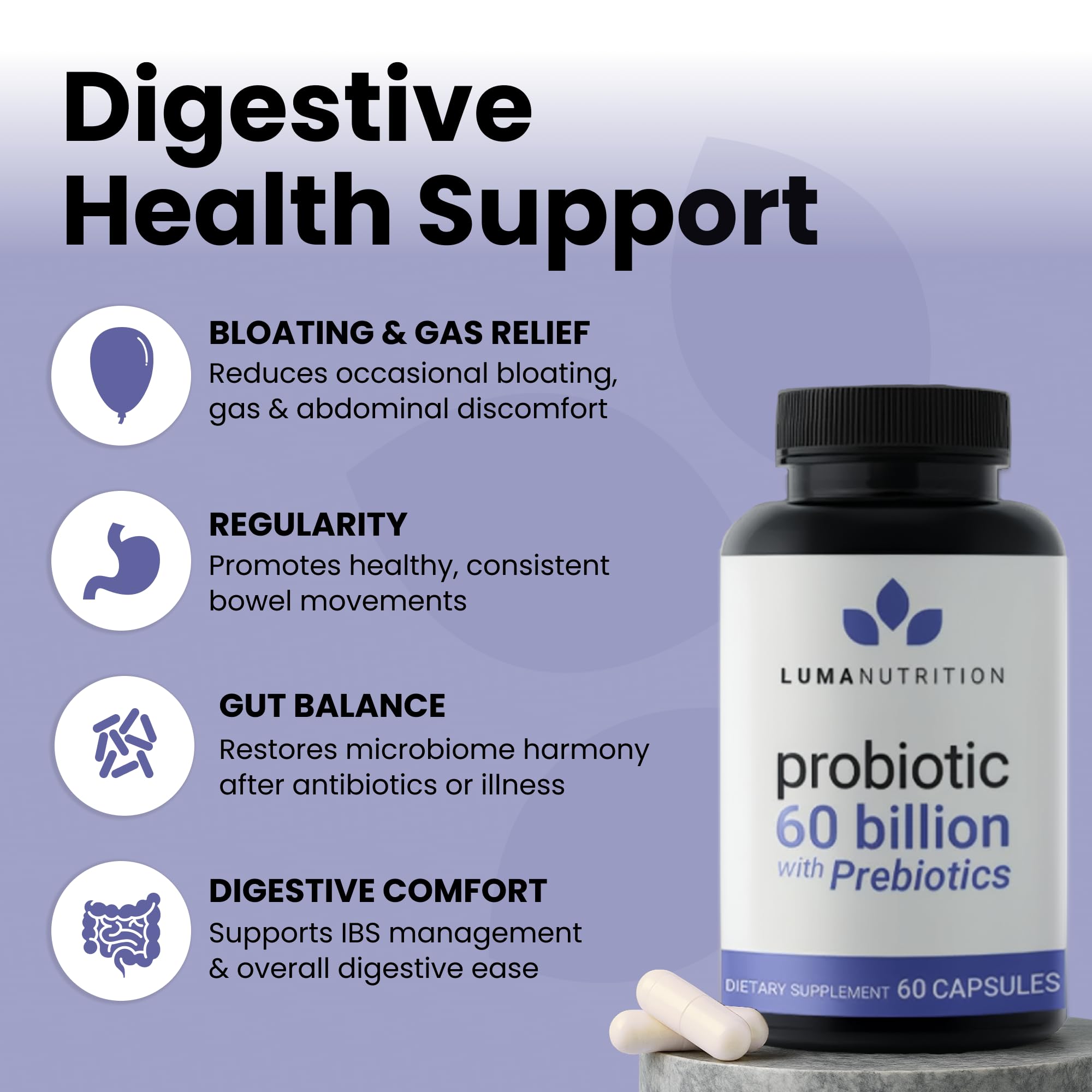 Luma Nutrition Probiotics 60 Billion CFU with Prebiotics - Probiotics for Women and Men - Formulated for Digestive Enzyme Health - Vegan & Gluten-Free - 60 Capsules Luma NutritionAu supplements