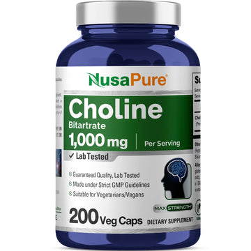 NusaPure Choline Bitartrate - Suitable for Vegetarian/Vegan, Non - GMO - 1000 mg 200 Capsules NusaPureAu supplements
