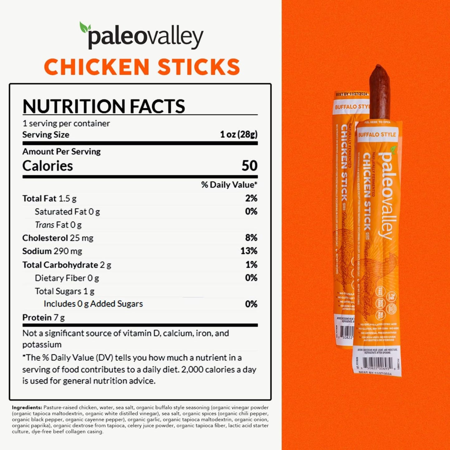Paleovalley Pasture-Raised Chicken Sticks – 10 Pack – 7g Protein per Stick – Keto-Friendly, Paleo, Gluten-Free, Nitrate-Free – On-the-Go Snack (10 Pack, Buffalo) PaleovalleyUS supplements