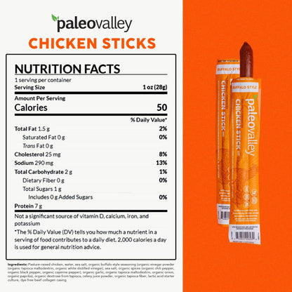 Paleovalley Pasture-Raised Chicken Sticks – 10 Pack – 7g Protein per Stick – Keto-Friendly, Paleo, Gluten-Free, Nitrate-Free – On-the-Go Snack (10 Pack, Buffalo) PaleovalleyUS supplements