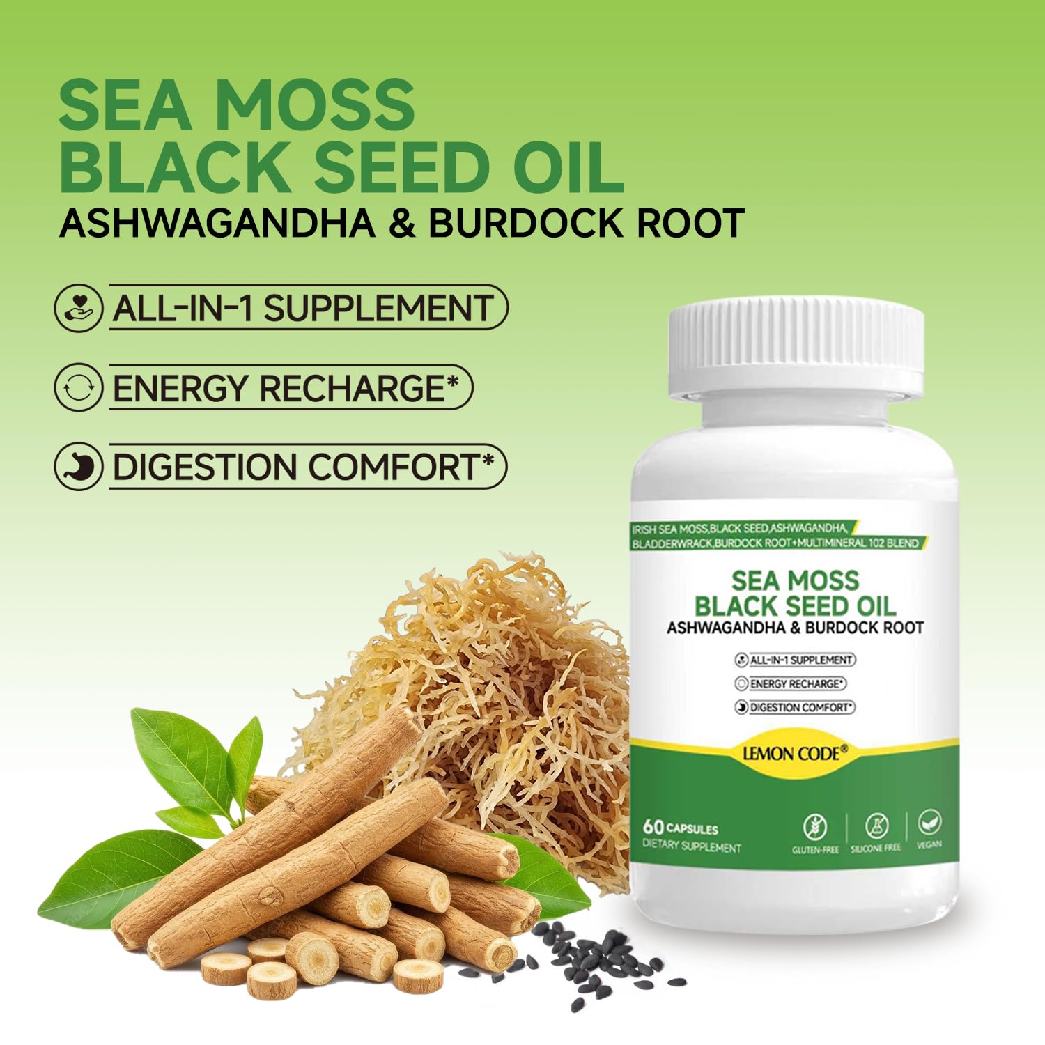 LEMON CODE Sea Moss & Black Seed Oil Capsules with Burdock & Bladderwrack & Ashwagandha, Vitamin C&D,Natural Herbal Complex for Daily Balance, Energy & Digestive Support, Vegan, Non-GMO, 60 Capsules LEMON CODEAu supplements