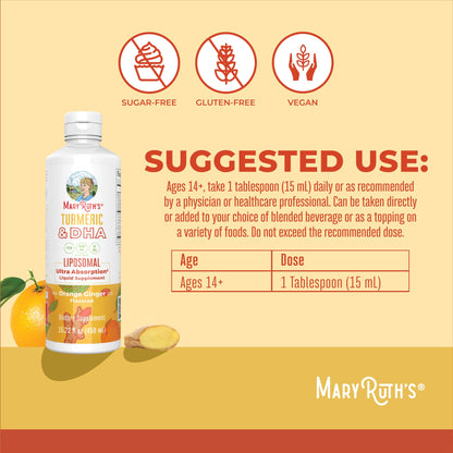 MaryRuth Organics | Liposomal Turmeric & DHA | Curcumin | Ginger Root Oil | Algal DHA & Vitamin E | Cognitive Function | Mood Support | Joint Health | Liquid Supplement | 15.22 oz MARYRUTH'SUS supplements