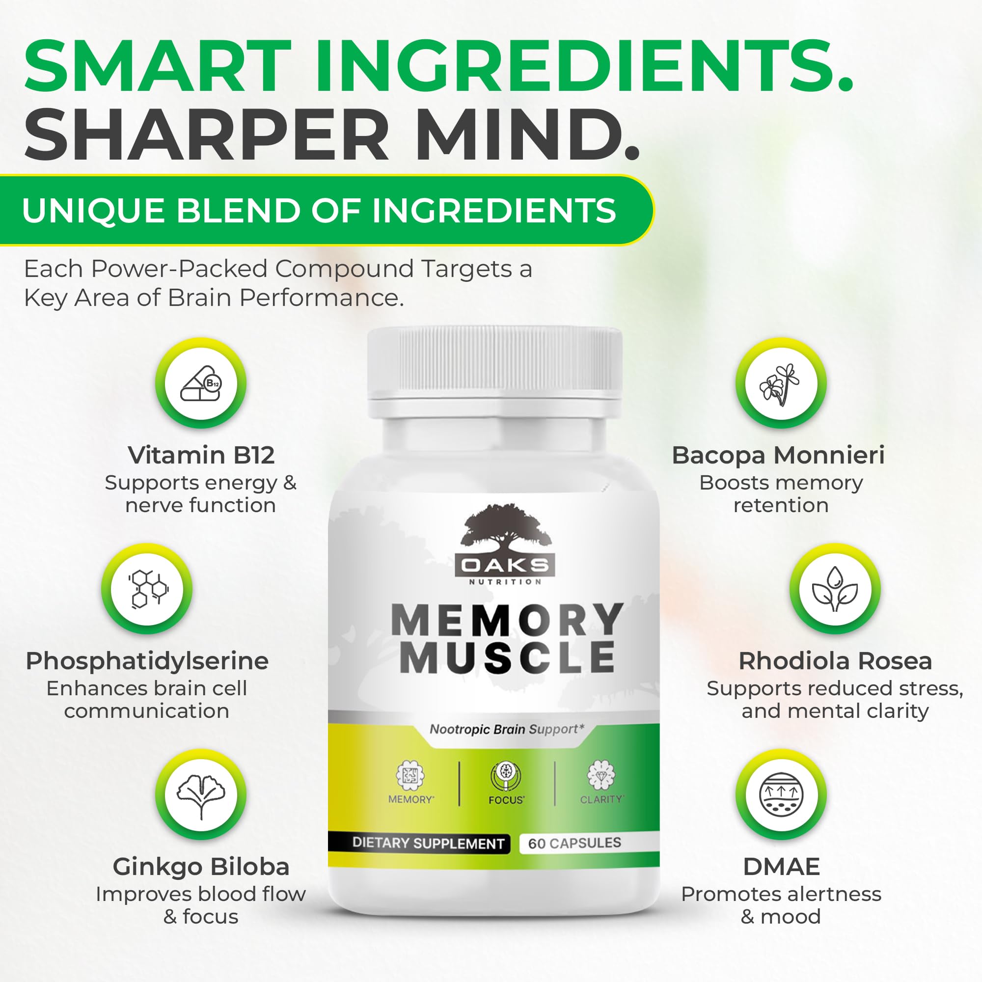 Memory Muscle – Advanced Nootropic Brain Supplement with Vitamin B12, Bacopa Monnieri & DMAE for Focus, Memory, Mental Clarity & Clean Energy – Premium Cognitive Support Formula Oaks NutritionAu supplements