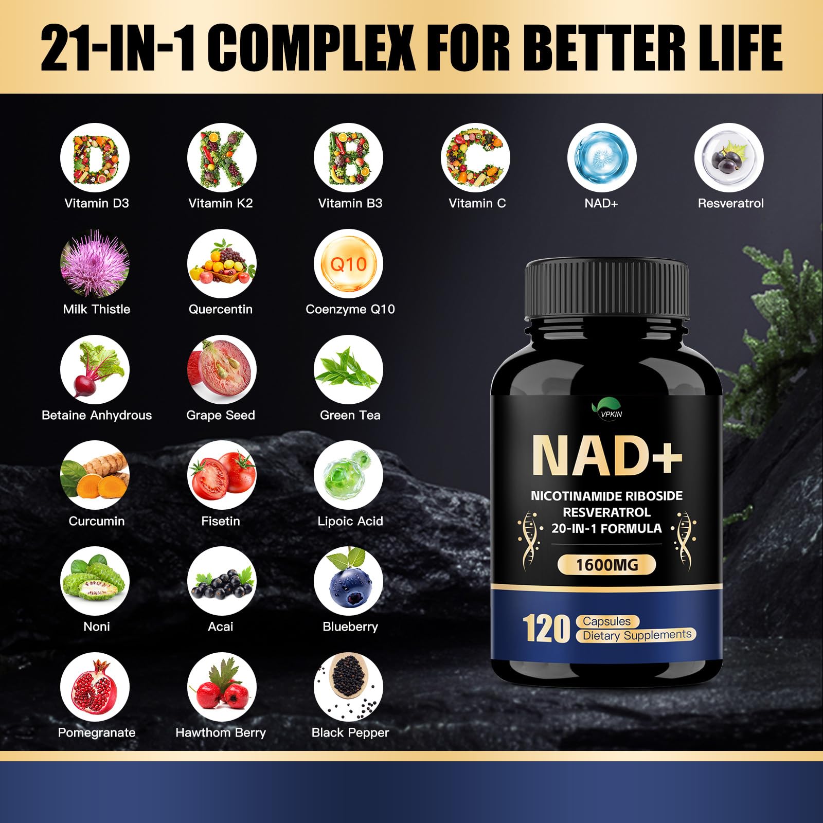 VPKIN NAD Supplement,1500mg NAD+ Supplement with Resveratrol,Nicotinamide,Quercetin,CoQ10,Support Energy & Repair, Vitality,Non-GMO, No Fillers(120 Capsules) VPKINAu supplements