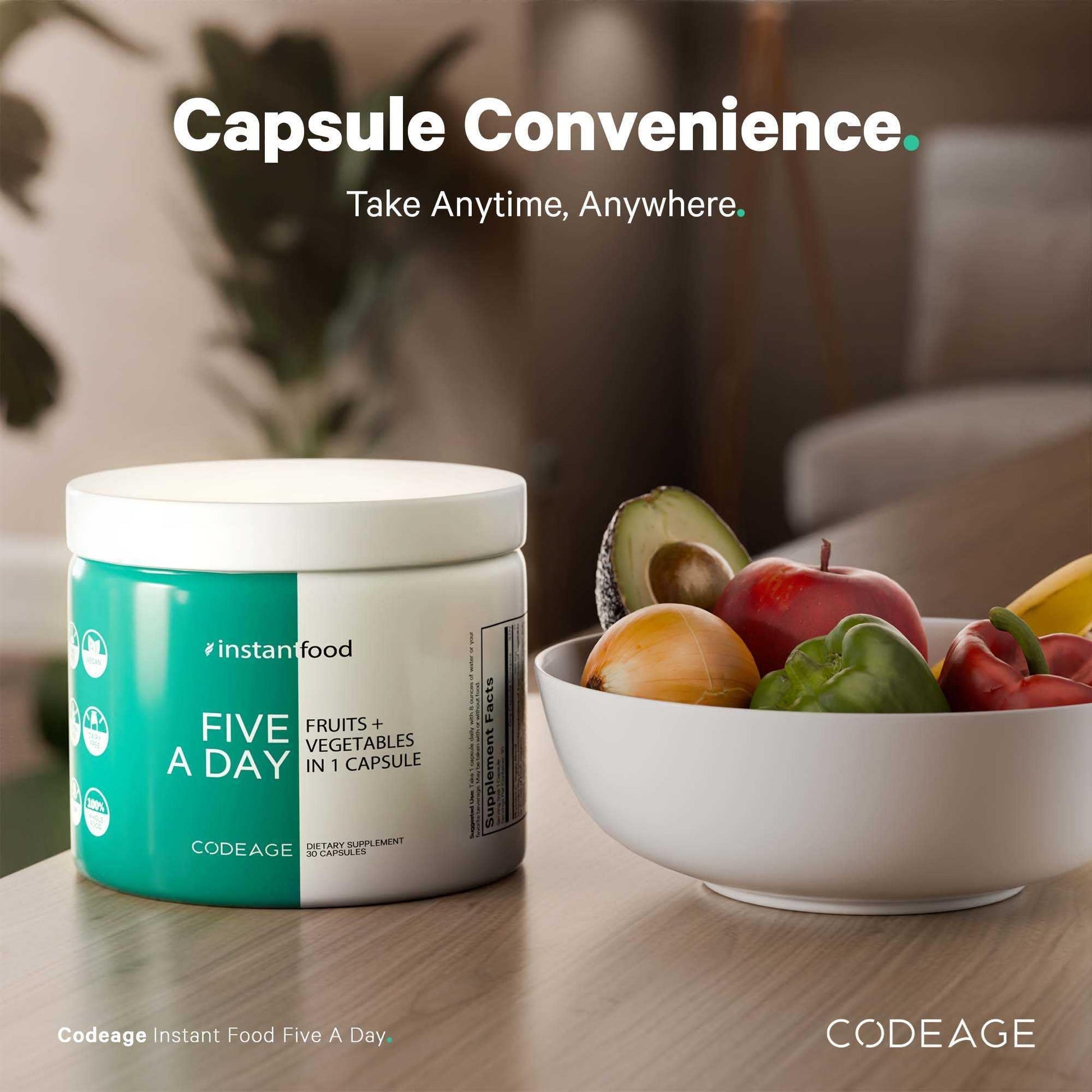 Codeage Instantfood Five A Day – Fruits & Vegetables Capsule Supplement – Whole Food Phytonutrients – 15 Fruits and Veggies Blend - Vegan, Non-GMO – 30 Capsules CodeageAu supplements