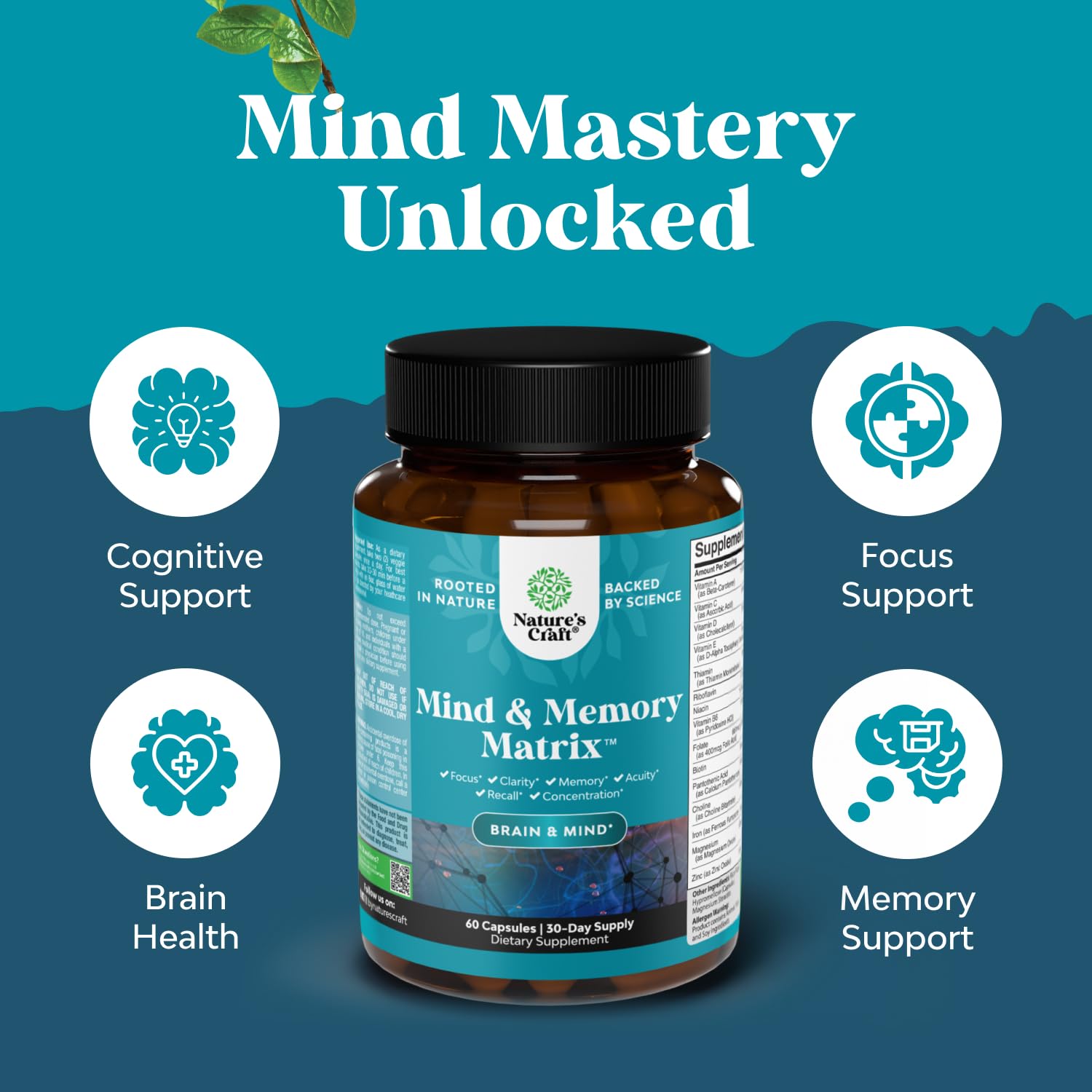 Nootropic Brain Supplement for Memory and Focus Enhancement - Vitamins for Mental Health & Clarity with VIT A, B6, Riboflavin, Niacin, Thiamin & Folate - Cognitive Complex for Mind Vitality - 60 Ct Natures CraftAu supplements