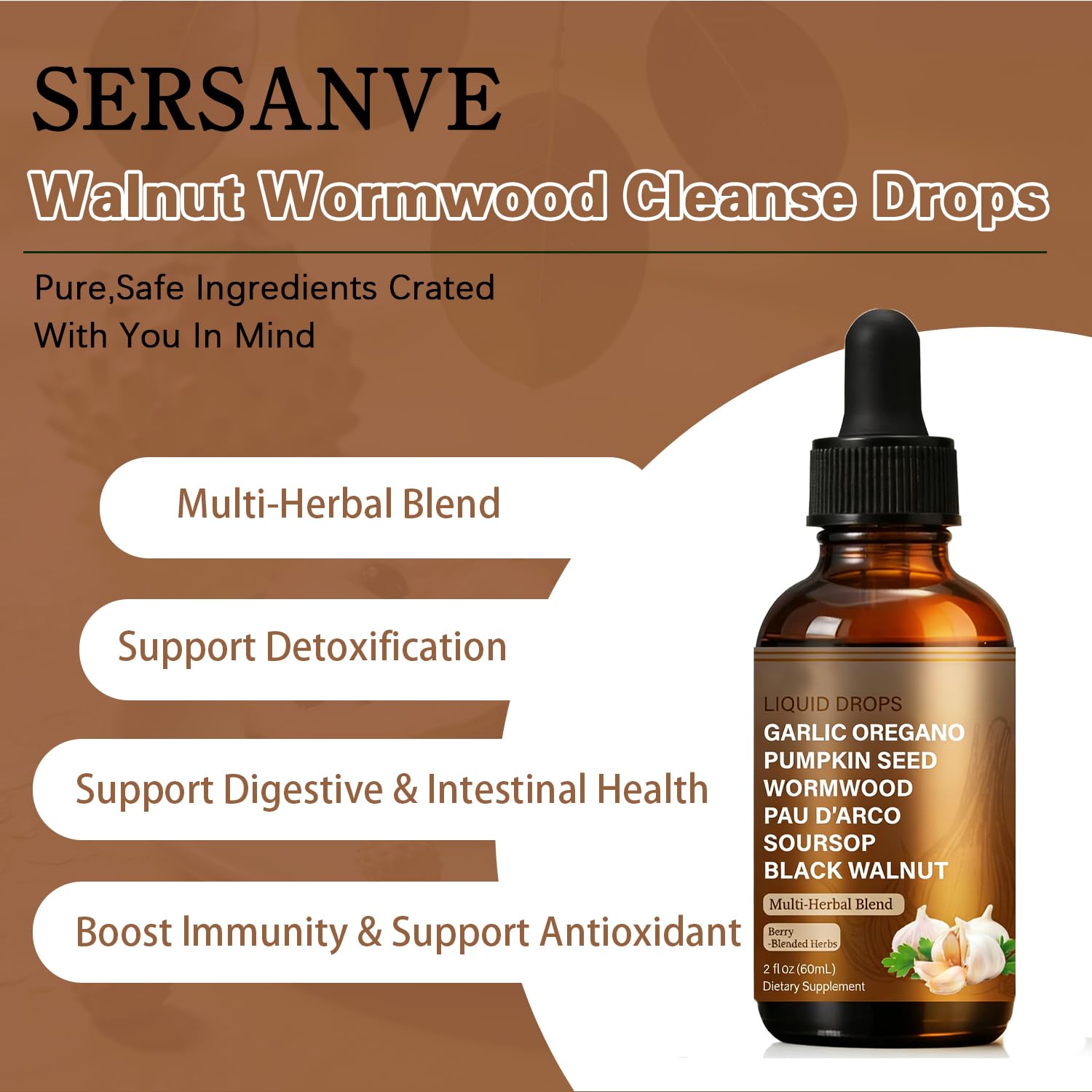 SERSANVE Natural Black Walnut Wormwood Gut Cleanse | Black Walnut Clove Drops with Pumpkin Seed, PAU D’Arco, Soursop, Garlic and Oregano | Vegan, Alcohol-Free Formula for Digestion Support, 2 fl oz SERSANVEAu supplements