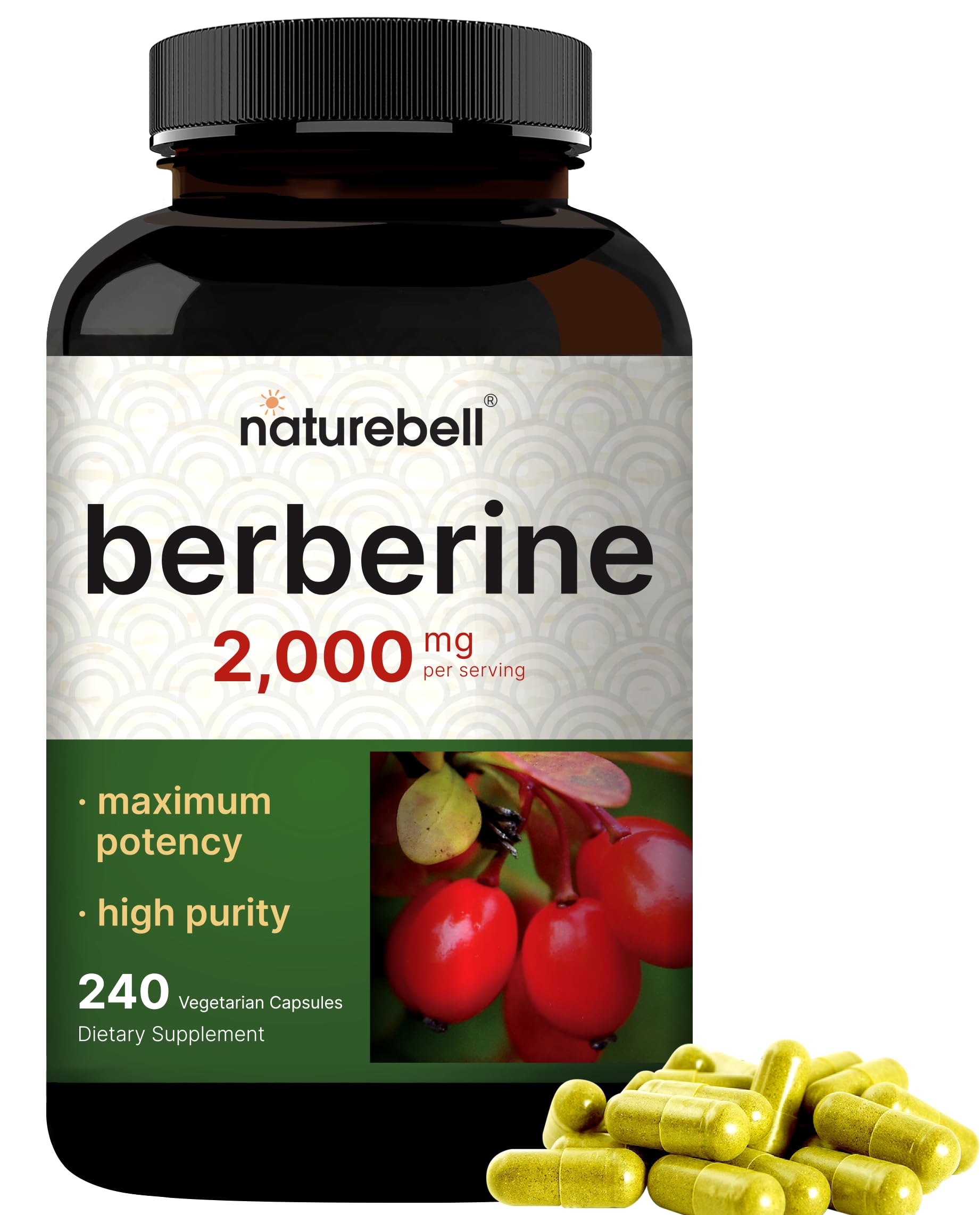 Berberine Supplement 500mg Per Capsule (2,000mg Per Serving) | 240 Veggie Capsules, 97% Pure Berberine HCL – Plant Based, Vegan, Non-GMO NatureBellUS supplements