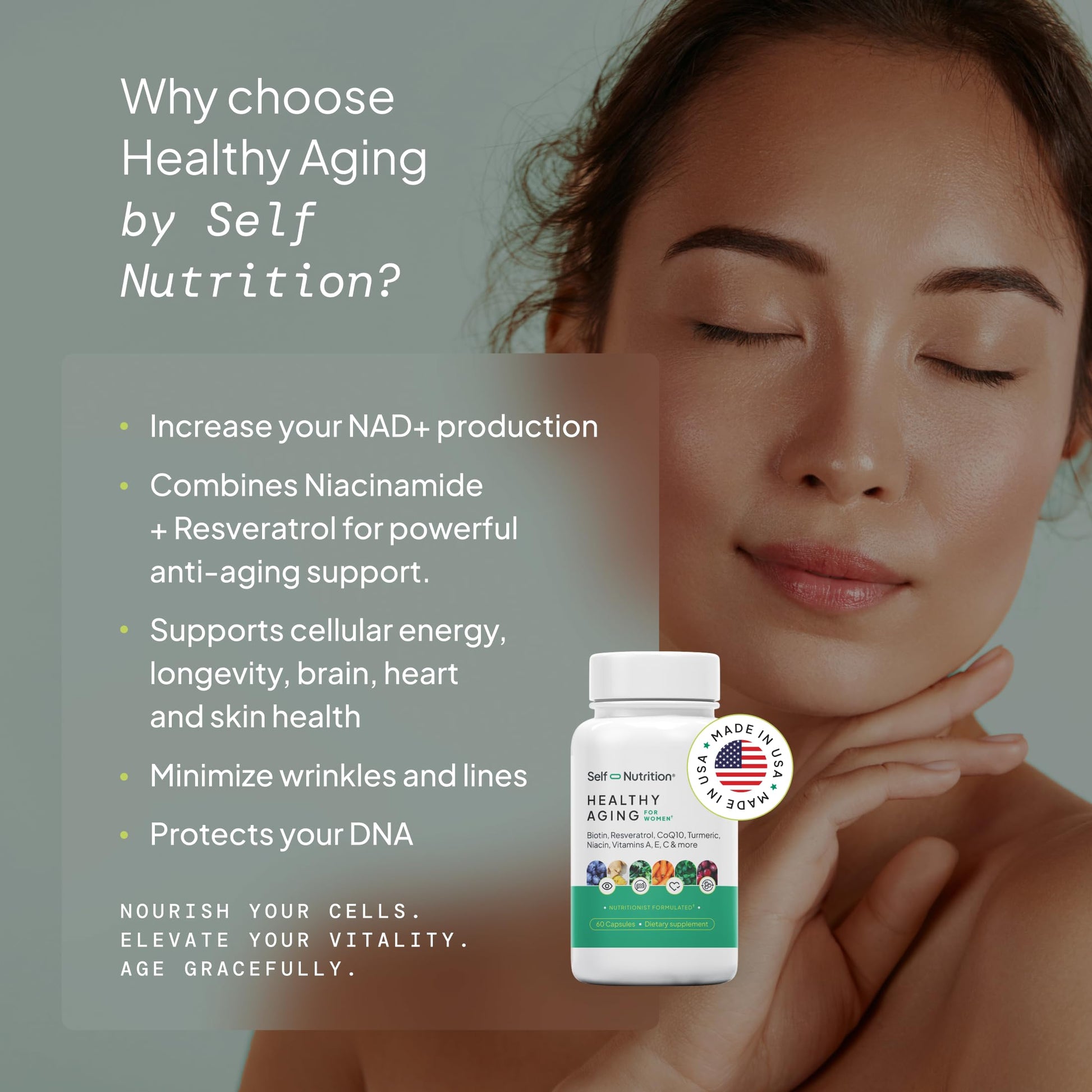 SELF NUTRITION NAD+ Resveratrol Supplement for Women – Healthy Aging Formula with CoQ10, Biotin, Turmeric & Vitamins A, C, E – Supports Energy, Skin & Longevity – 60 Capsules. Made in USA. SELF NUTRITIONAu supplements