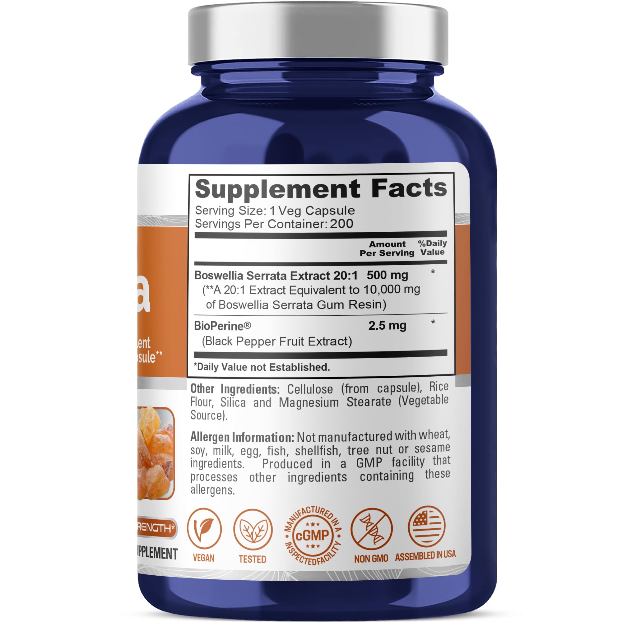 NusaPure Boswellia Serrata 10,000 mg Per Veggie Caps 200 Count (Ext. 20:1, Non-GMO, Vegan, Bioperine) Ayurvedic Herb: Indian Olibanum, Frankincense NusaPureAu supplements