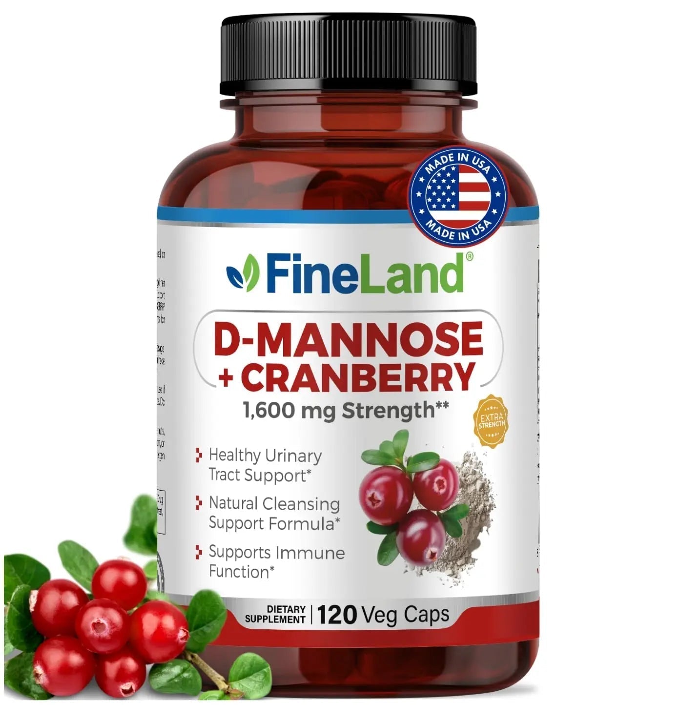 FineLand D-Mannose + Cranberry – 1600mg per Serving – 120 Vegan Capsules – Urinary Tract & Bladder Health Support – Non-GMO, Gluten-Free, Made in USA FineLandAu supplements