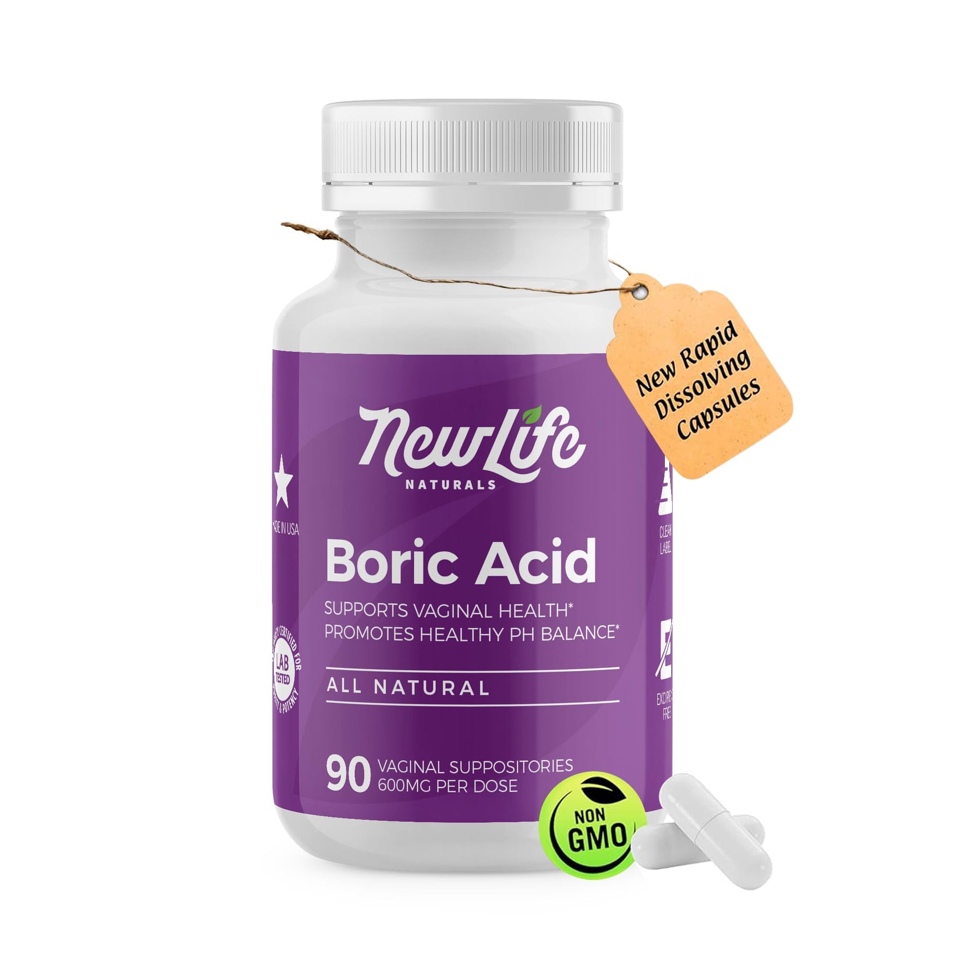 NewLife Naturals - Medical Grade Boric Acid Vaginal Suppositories - 600mg - 100% Pure Womens pH Balance Pills - Yeast Infection, BV - 90 Capsules: Made in USA NewLife NaturalsUS supplements