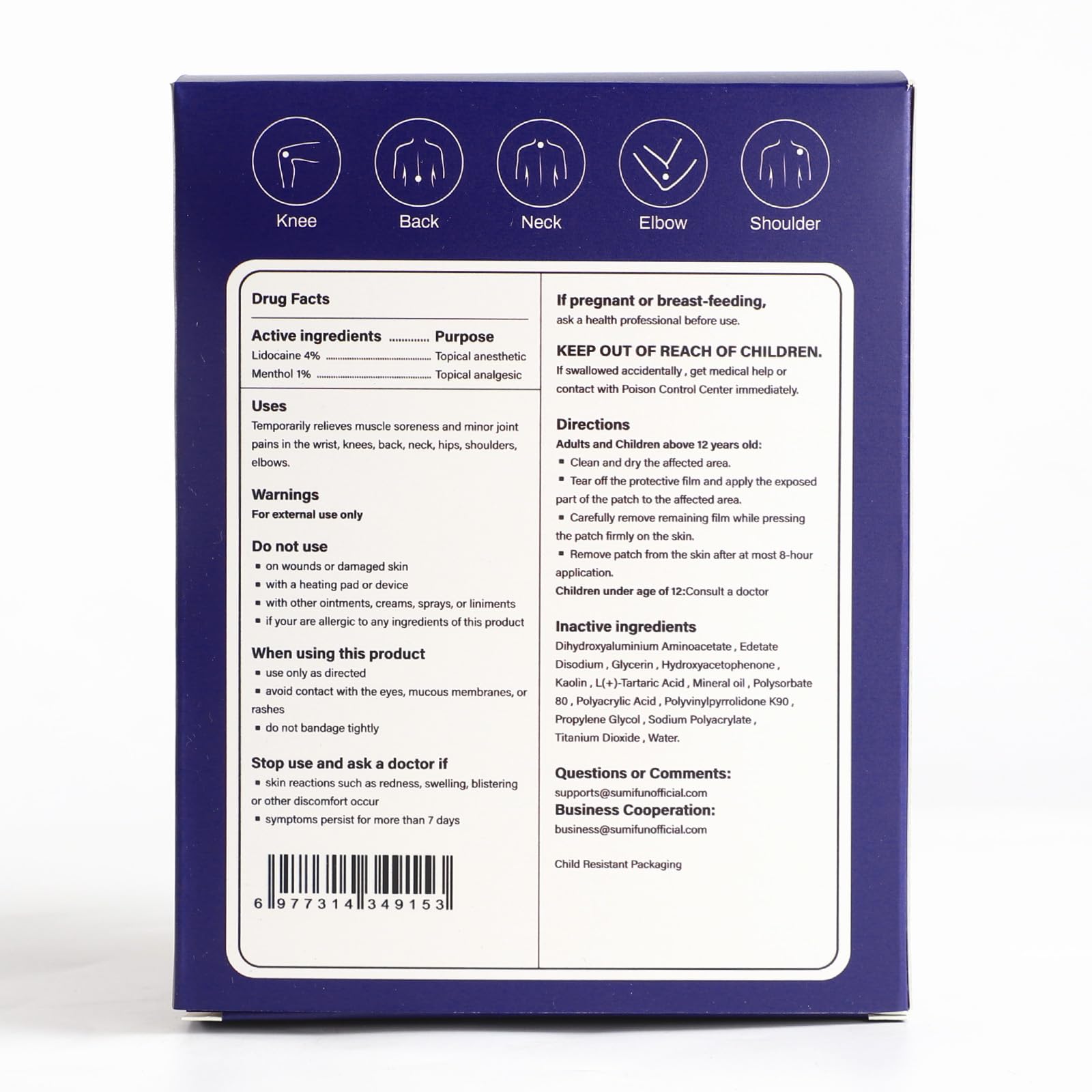 Sumifun Lidocaine Pain Relief Patches - Fast, Targeted Therapy Simple Backache, Soreness, Sprain, Joint Pain with Maximum Strength 4% Lidocaine and 1% Menthol (Large, Count, 31) NDC 83602-172-31 SumifunAu supplements
