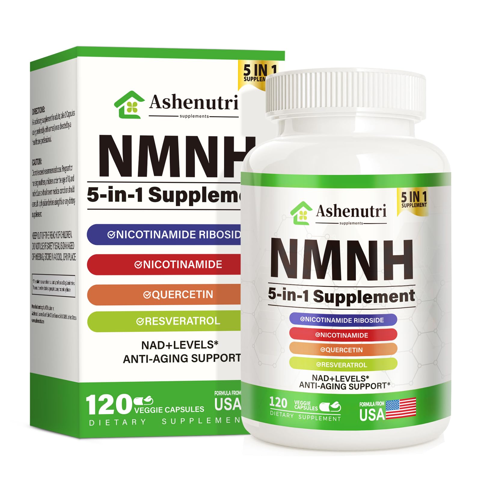 NMNH (Dihydronicotinamide Mononucleotide), NMN Alternative Supplement w/Niacinamide (Vitamin B3), Quercetin, Trans-Resveratrol, Support NAD+, Skin Cell Health*, Anti-Aging & Energy, 120 Caps AshenutriAu supplements