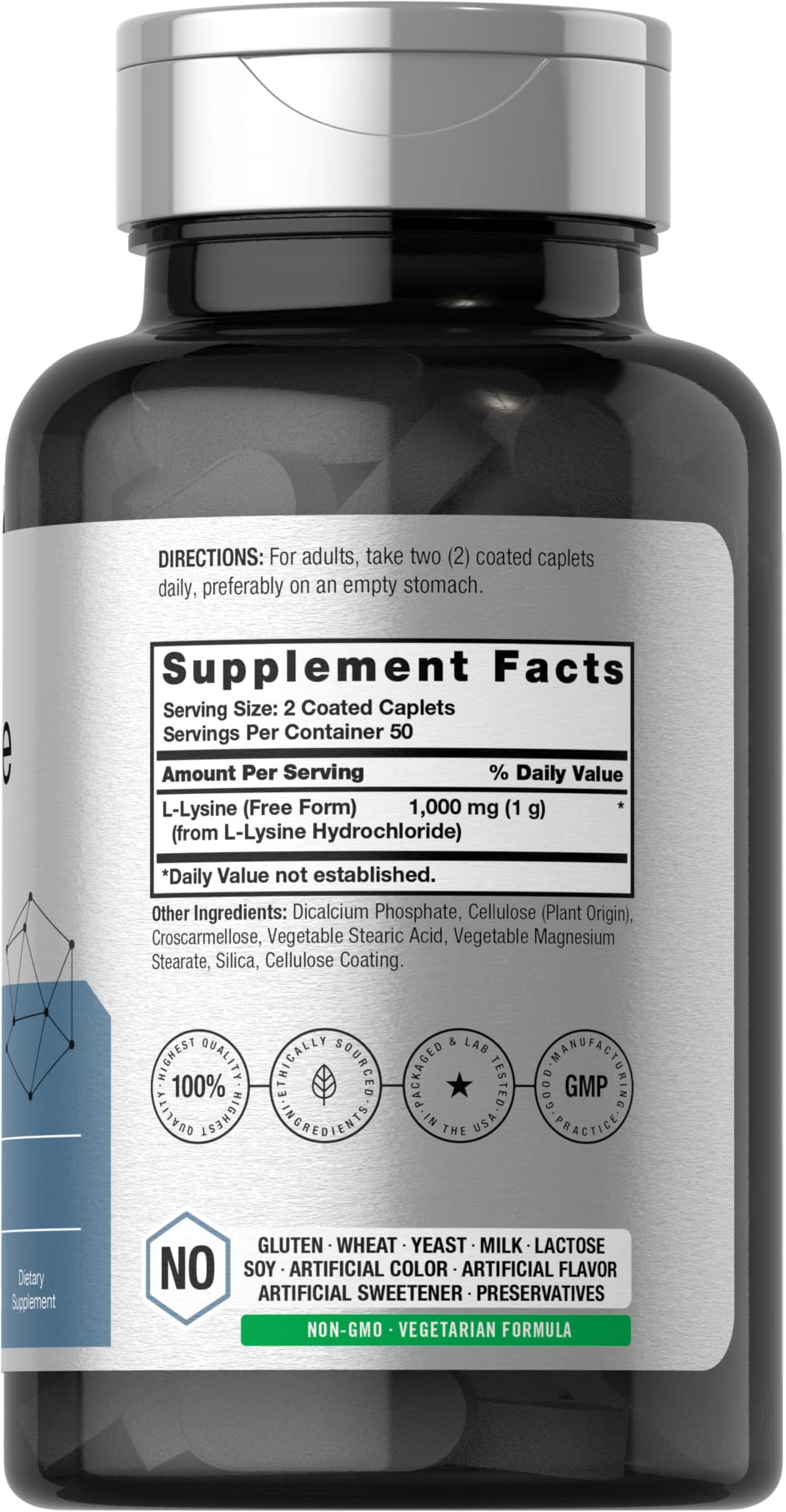 L-Lysine 1000mg | 100 Coated Caplets | Free Form Dietary Supplement | Vegetarian HorbäachUS supplements