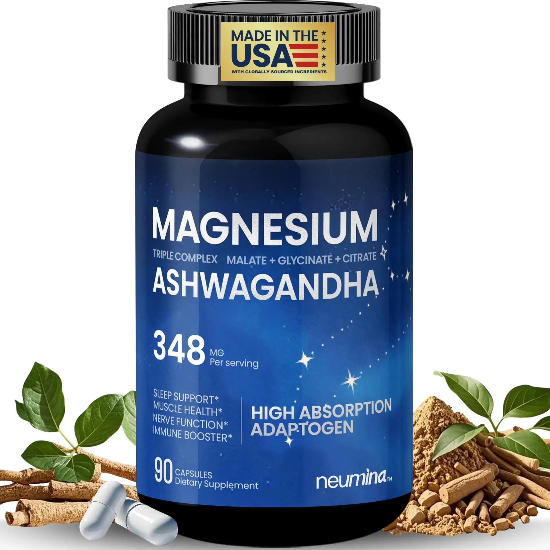 Magnesium Ashwagandha Complex | High-Absorption Multi Magnesium Supports Stress Relief, Sleep, Muscle & Heart Health | Vegan, Non-GMO, Gluten-Free, Made in USA, 90 Capsules((45-Day Supply) NEUMINAAu supplements