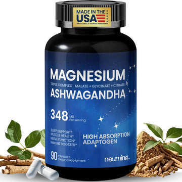Magnesium Ashwagandha Complex | High-Absorption Multi Magnesium Supports Stress Relief, Sleep, Muscle & Heart Health | Vegan, Non-GMO, Gluten-Free, Made in USA, 90 Capsules((45-Day Supply) NEUMINAAu supplements