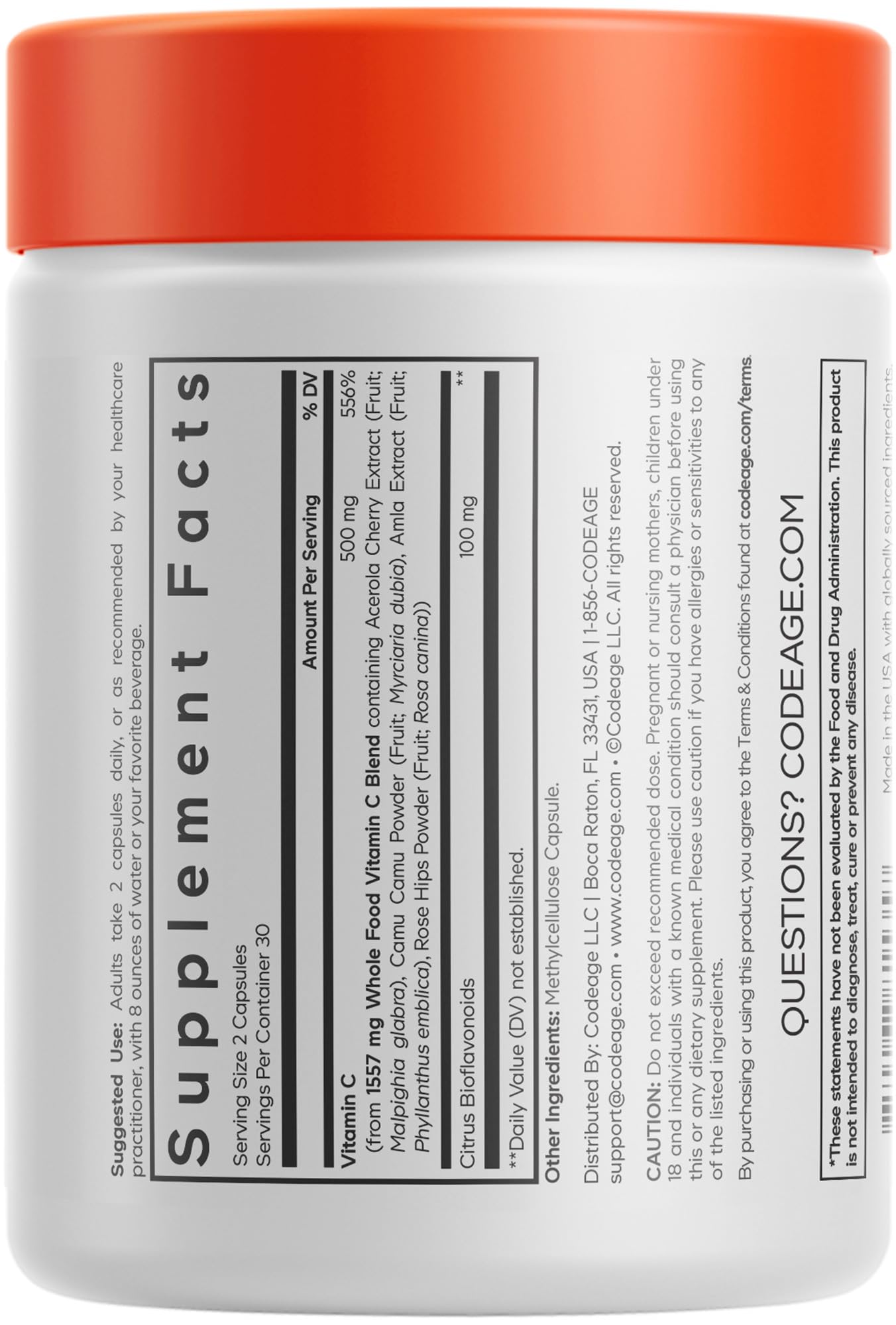 Codeage Whole Food Vitamin C Supplement - Acerola Cherry, Camu Camu, Amla Berry & Rose HIPS Blend - Citrus Bioflavonoids - Instantfood Energy Vitamins - 500mg Vitamin C Pills - Non-GMO - 60 Capsules CodeageAu supplements