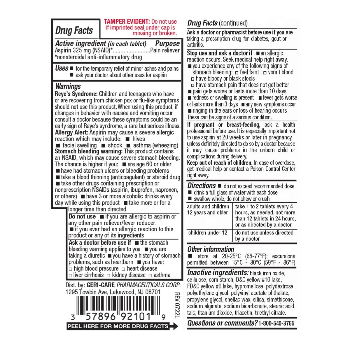 Enteric Coated Aspirin Tablets 325mg (100 Count) by GeriCare- NSAID Pain Reliever & Fever Reducer Coated Aspirin for Adults- Regular Strength Aspirin for Headache Arthritis Menstrual & Muscle Pain GeriCareAu supplements