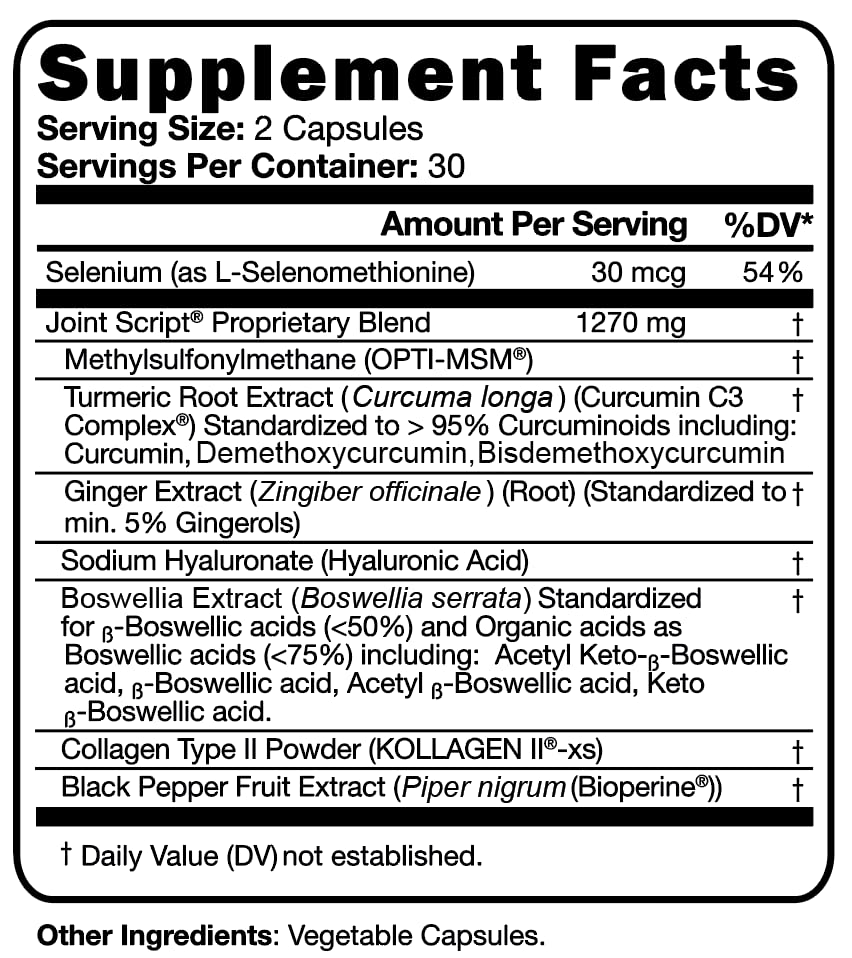 Suzy Cohen Joint Script Joint Support Supplement with Hyaluronic Acid, C3 Curcumin Turmeric Extract, MSM, Collagen Peptides, Ginger, and Boswellia for Maximum Flexibility, Tendon and Cartilage Health Script EssentialsAu supplements