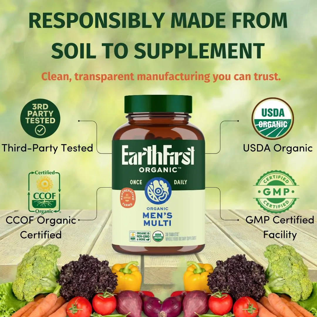 EarthFirst Organic Men’s Multi Once Daily, Whole-Food Multivitamin with 19 Vitamins & Minerals for Energy, Heart, Bone Strength EarthFirst OrganicAu supplements