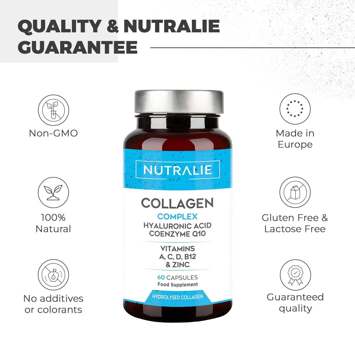 Collagen + Hyaluronic Acid + Q10 Hydrolysed Collagen Women Men + Vitamins A C D B12 Zinc NUTRALIEUS supplements