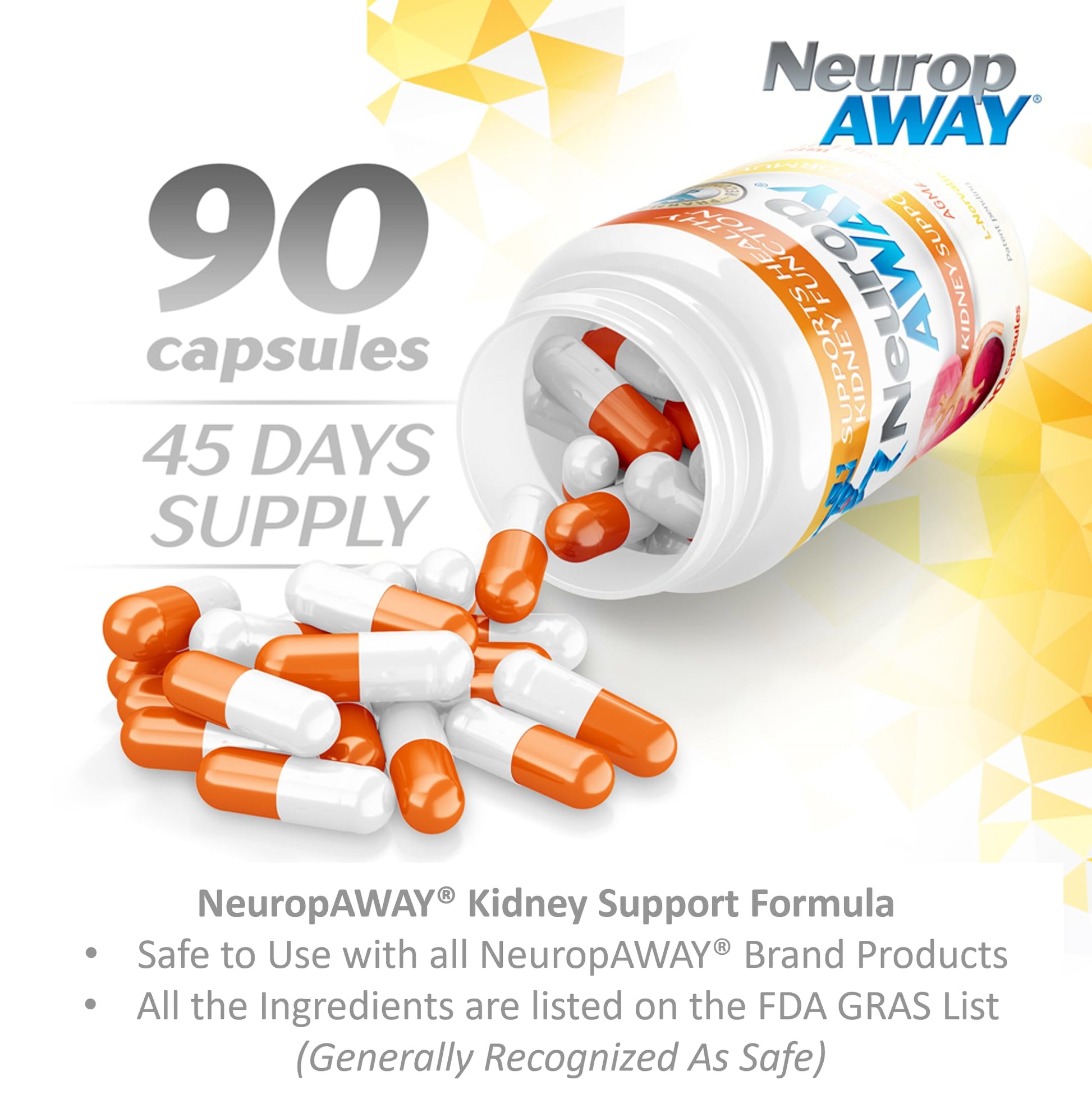 NeuropAWAY Kidney Support Formula Sugar Free with Agmatine Sulfate 500mg L-Novaline 50mg L-Ornithine 150mg L-Citrulline 100mg Per Capsule 90CT Fast Acting Kidney Support NeuropAWAYAu supplements