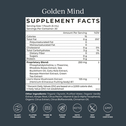 CYMBIOTIKA Golden Mind Nootropic - Boosts Focus, Memory, Alertness, Supports Nervous System with Bacopa, Green Tea, Lion’s Mane, L-Theanine, Rhodiola | 30 Pouches CYMBIOTIKAUS supplements