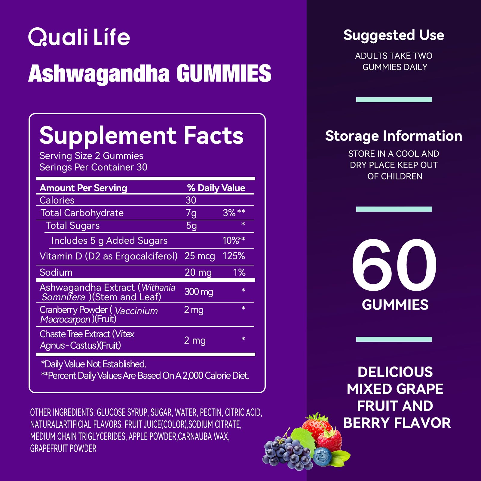 QualiLife Ashwagandha Gummies for Relax & Cortisol Support – High Strength Root Extract with Cranberry & Chaste Tree, Grapefruit & Berry Flavour – Vegan, Non-GMO, Gluten-Free – 60 Gummies (30 Days) QualiLifeAu supplements