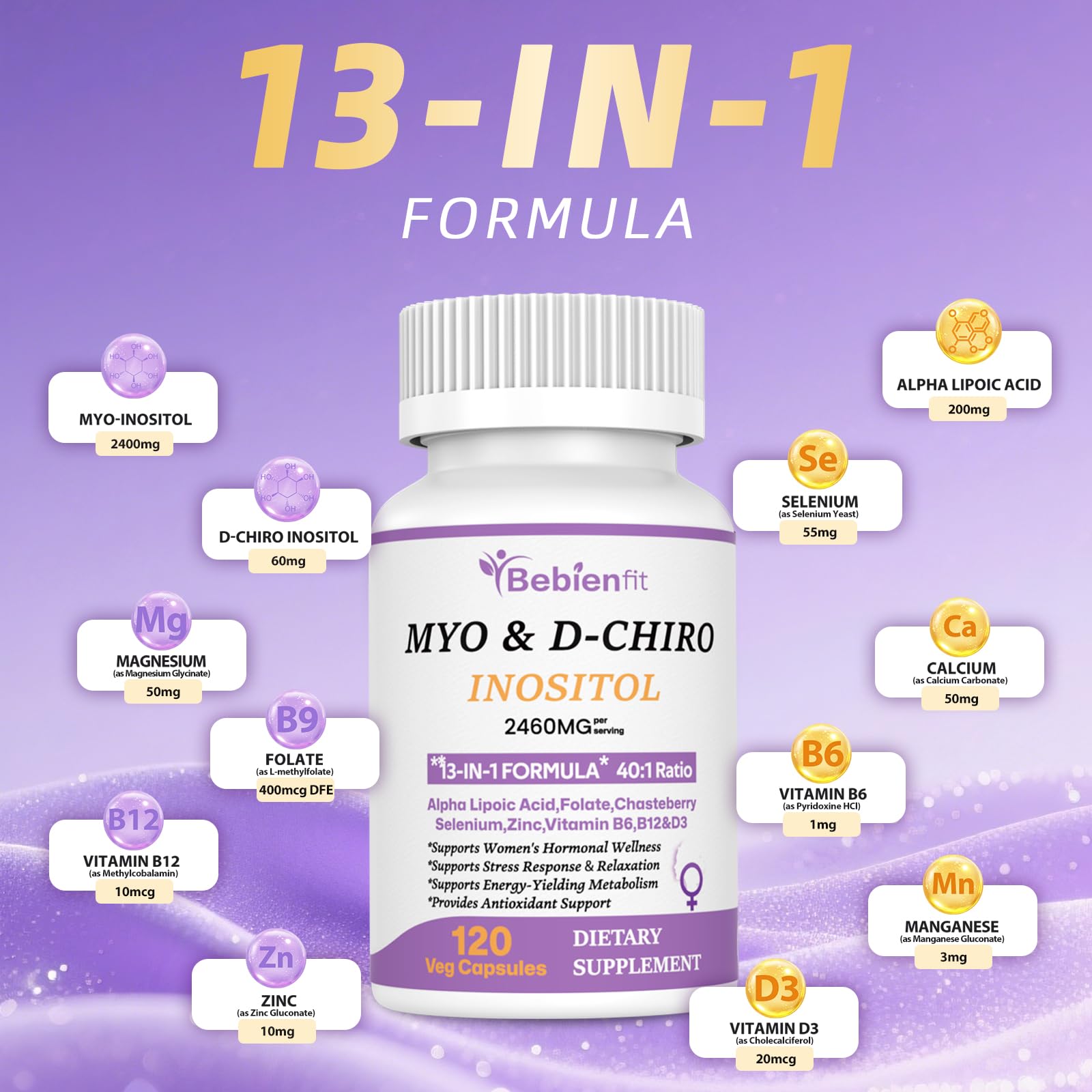 13-in-1 Myo Inositol & D-Chiro Inositol for Women PCOS,Hormonal Balance,2460mg-40:1 Ratio,Ovarian Health&Cycle Support Supplement Plus Alpha Lipoic Acid/Folate/Vitex/Magnesium/Multivitamin,120 Veg Cap Bebien fitAu supplements