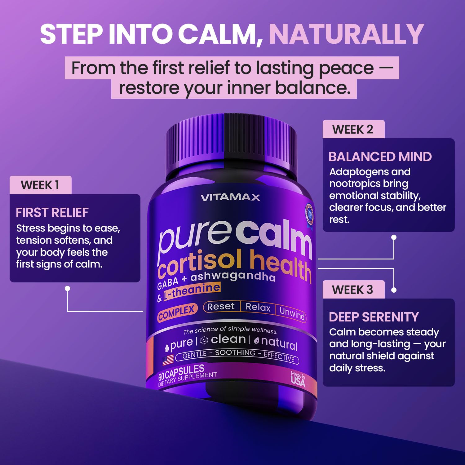 Vitamax Pure Calm Cortisol Supplements for Women - L Theanine, Ashwagandha, GABA for Relaxation, Mood & Stress Support with Ginkgo Biloba, Bacopa Monnieri, 5-HTP – Non-GMO, Made in USA – 60ct VitamaxAu supplements