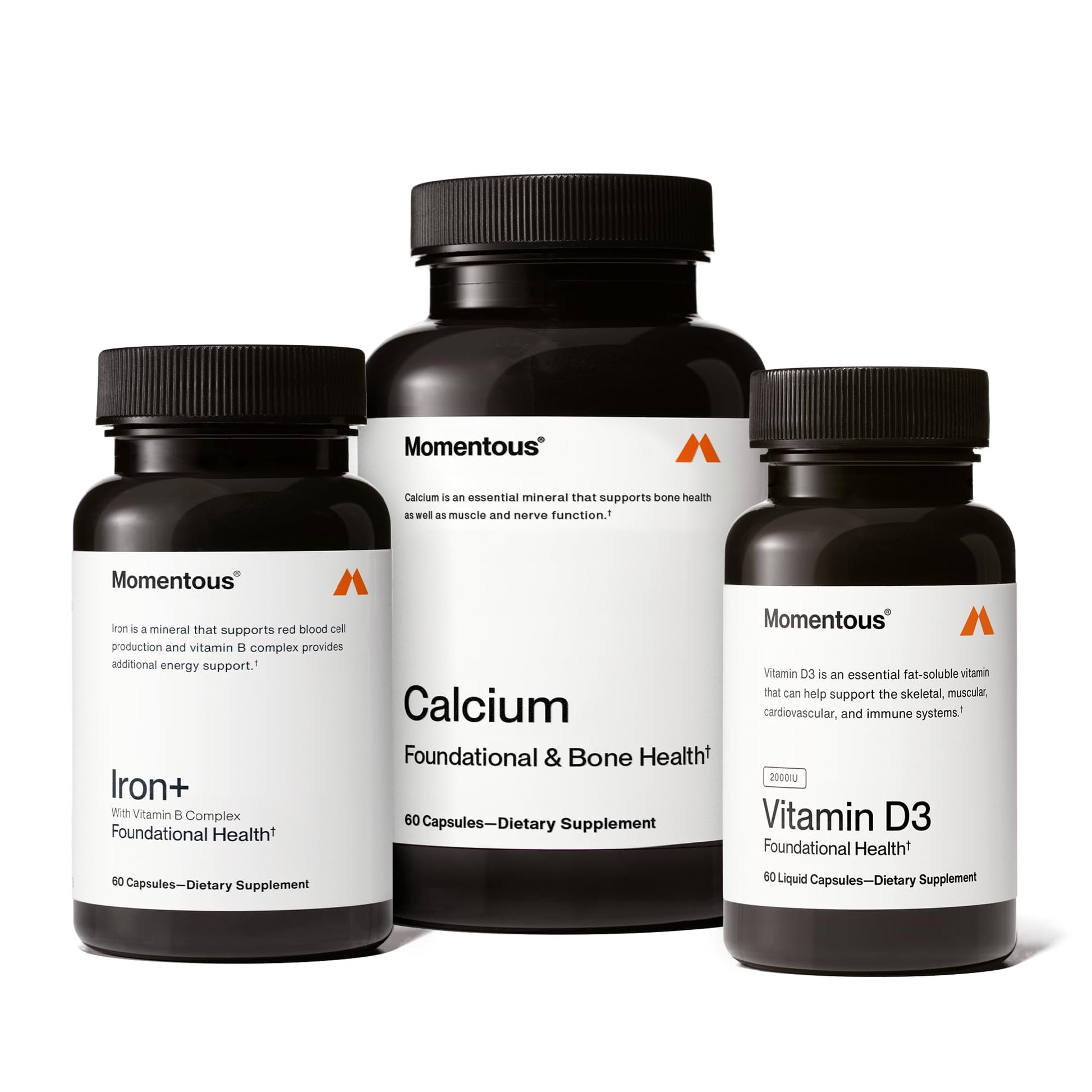 Momentous The Women's Three Bundle - Iron+, Calcium, & Vitamin D3 (2,000 IU) - 3 Critical Nutrients for All Women in 1 Daily Supplement System - NSF Certified for Sport - Gluten-Free - 60 Servings MomentousAu supplements