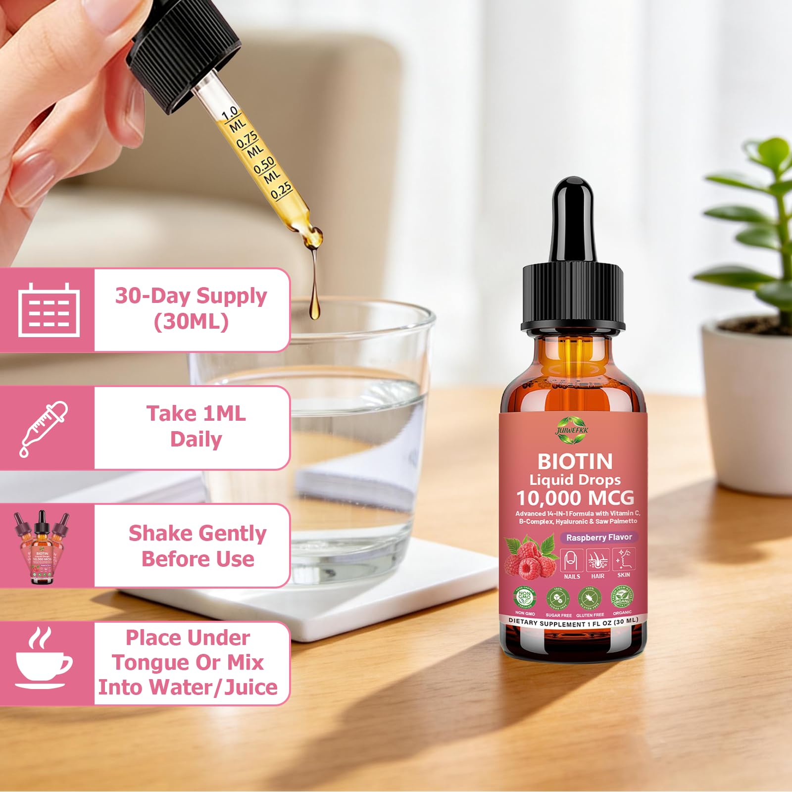Pure Biotin 10000mcg Liquid Drop Optimal Solutions Hair Skin & Nails Vitamins Support w. Collagen Keratin Hyaluronic Acid Saw Palmetto, Biotin(Vitamin B7) for Hair Growth & Cellular Energy JUIWEFKKAu supplements