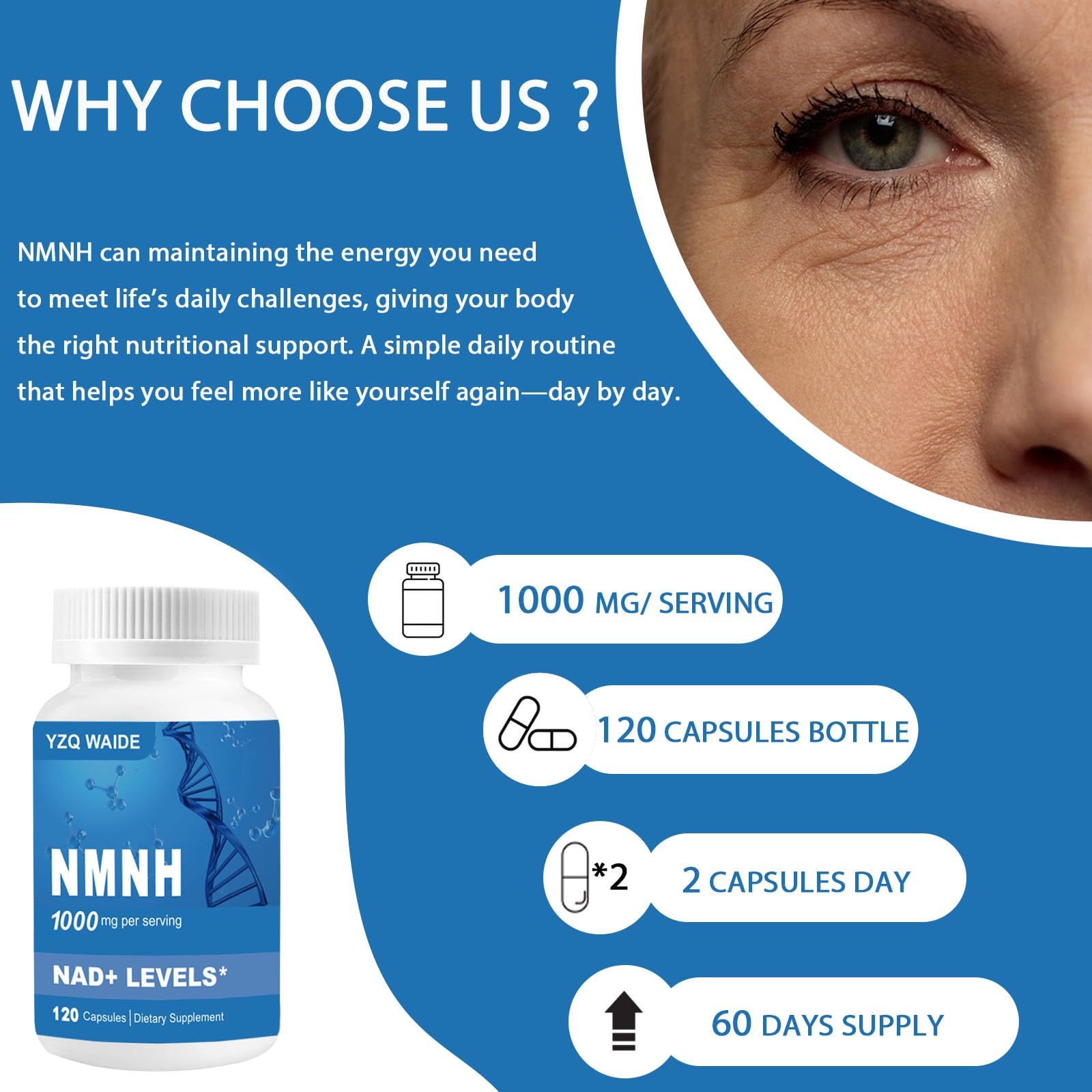 YZQ WAIDE NMNH (Dihydronicotinamide Mononucleotide), 1000mg NMNH Supplement to Boost NAD+ Levels Resveratrol Supplement with Quercetin for Energy, Aging, Non-GMO, Gluten Free, 120 Capsules YZQ WAIDEAu supplements