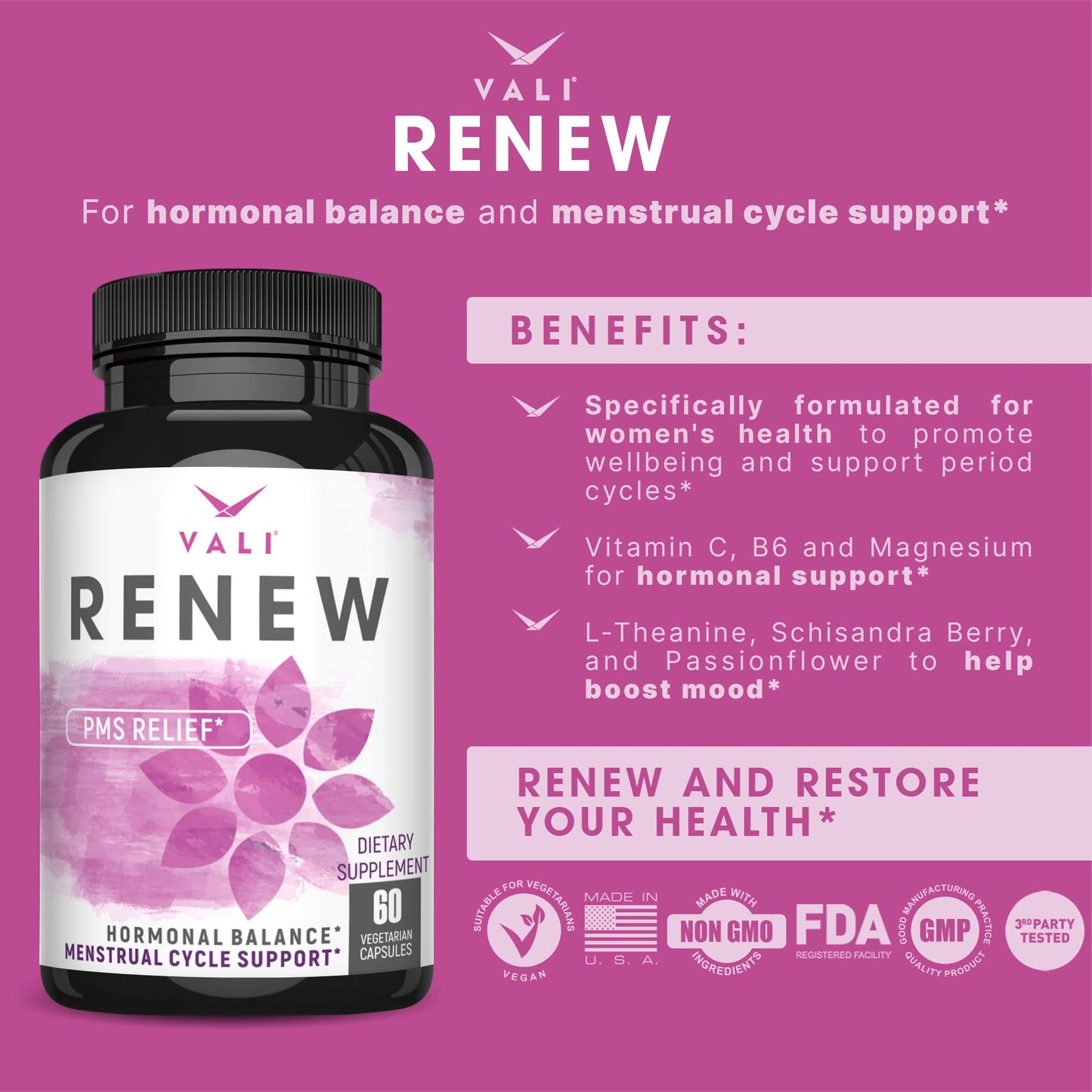 VALI Renew PMS Relief Supplement. Women’s Menstrual Cycle Support. Herbal Formula VALIUS supplements