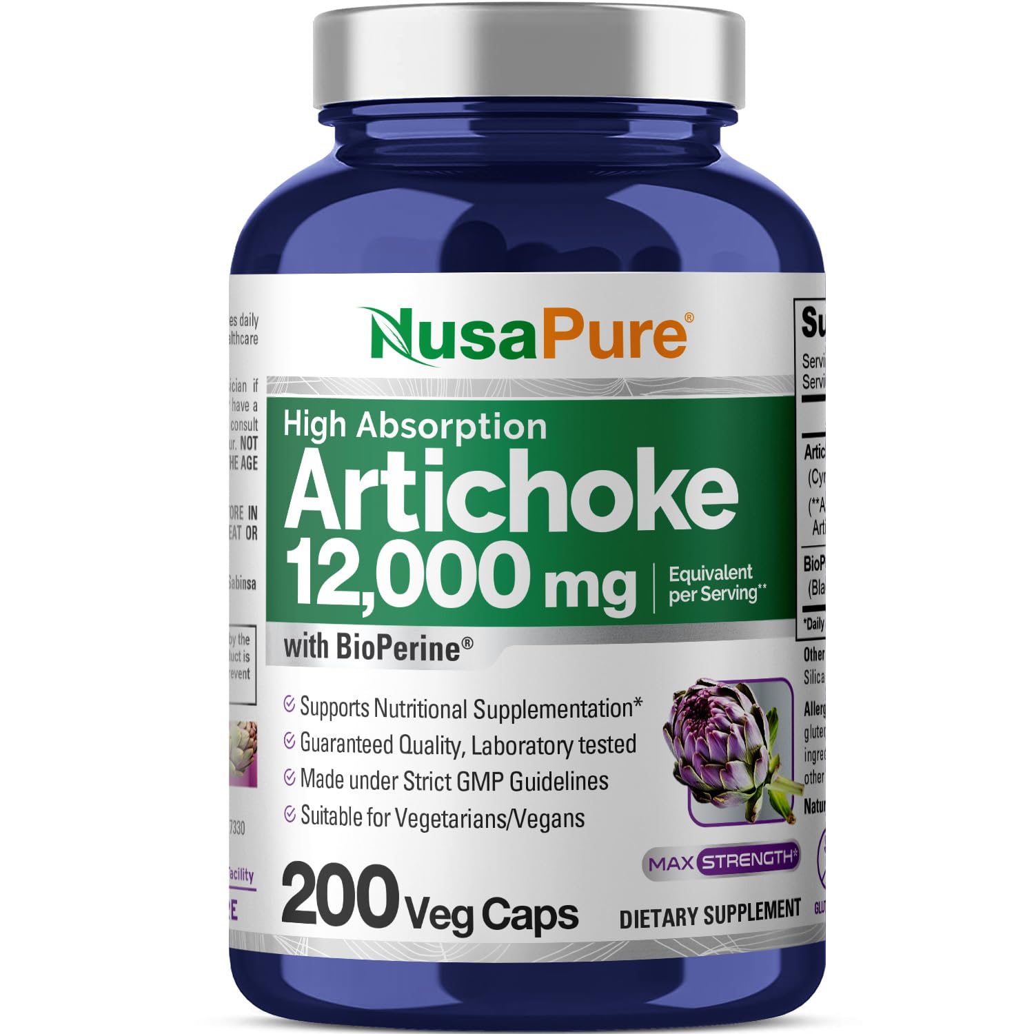 NusaPure Artichoke 20:1 Extract, 600 mg Equivalent to 12,000mg 200 Veggie caps (Non-GMO, Gluten Free) NusaPureAu supplements