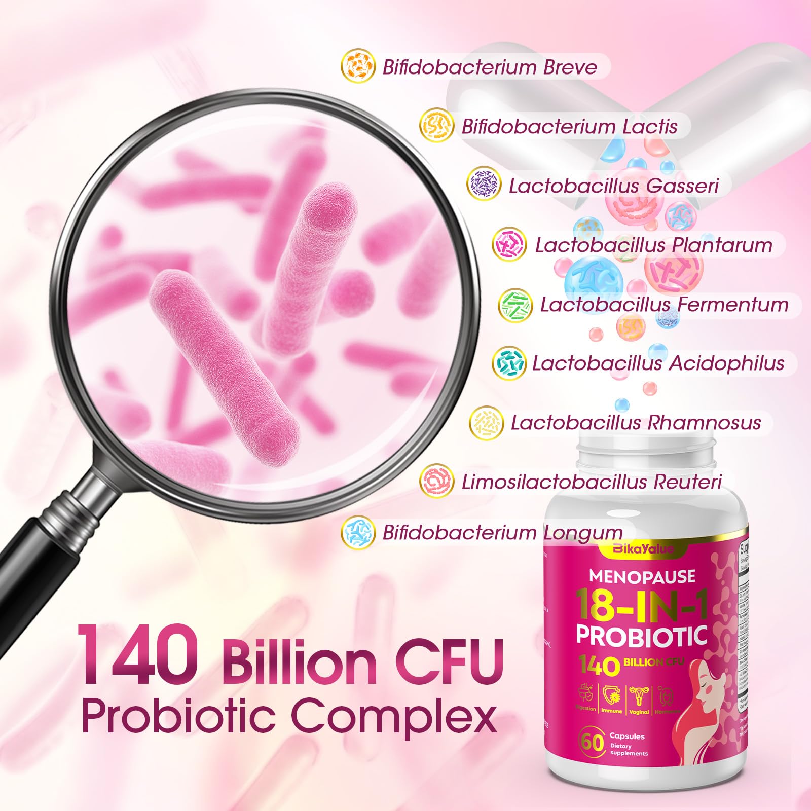 Menopause Supplements for Women, 140 Billion CFU Probiotics, 18-in-1 Menopause Relief with Magnesium, Black Cohosh, Inositol, Hormone Harmony for Women, Night Sweats, Mood Swings, Immunity - 60 Caps BIKAYALUEAu supplements