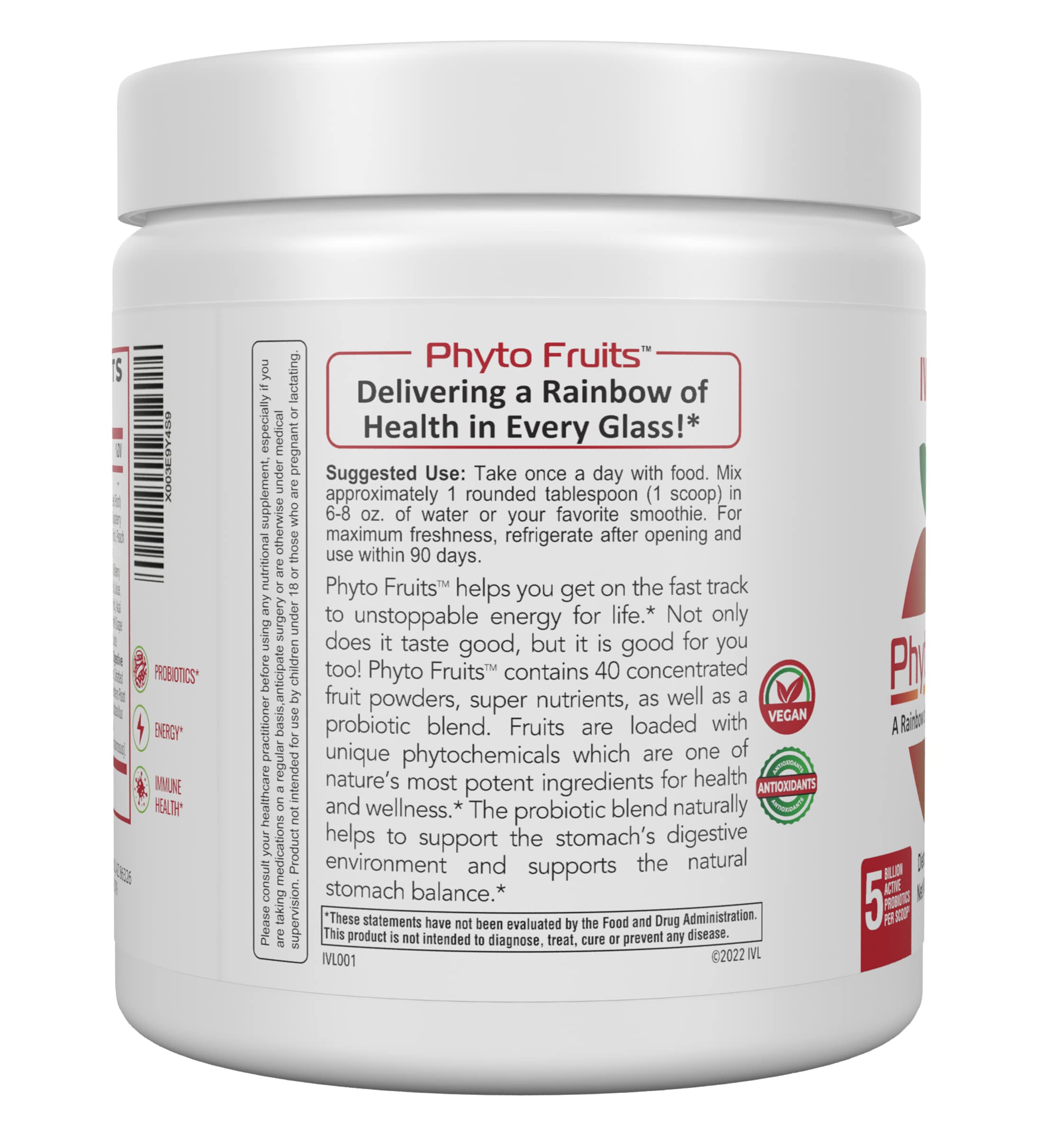 IVL - Phyto Fruits Superfood Powder - Support Energy - Digestive & Probiotic - Antioxidant - Vegan - 40 Fruits and Nutrients Plus 6 Probiotic Strains (30 Servings, 8.88 oz) IVLAu supplements