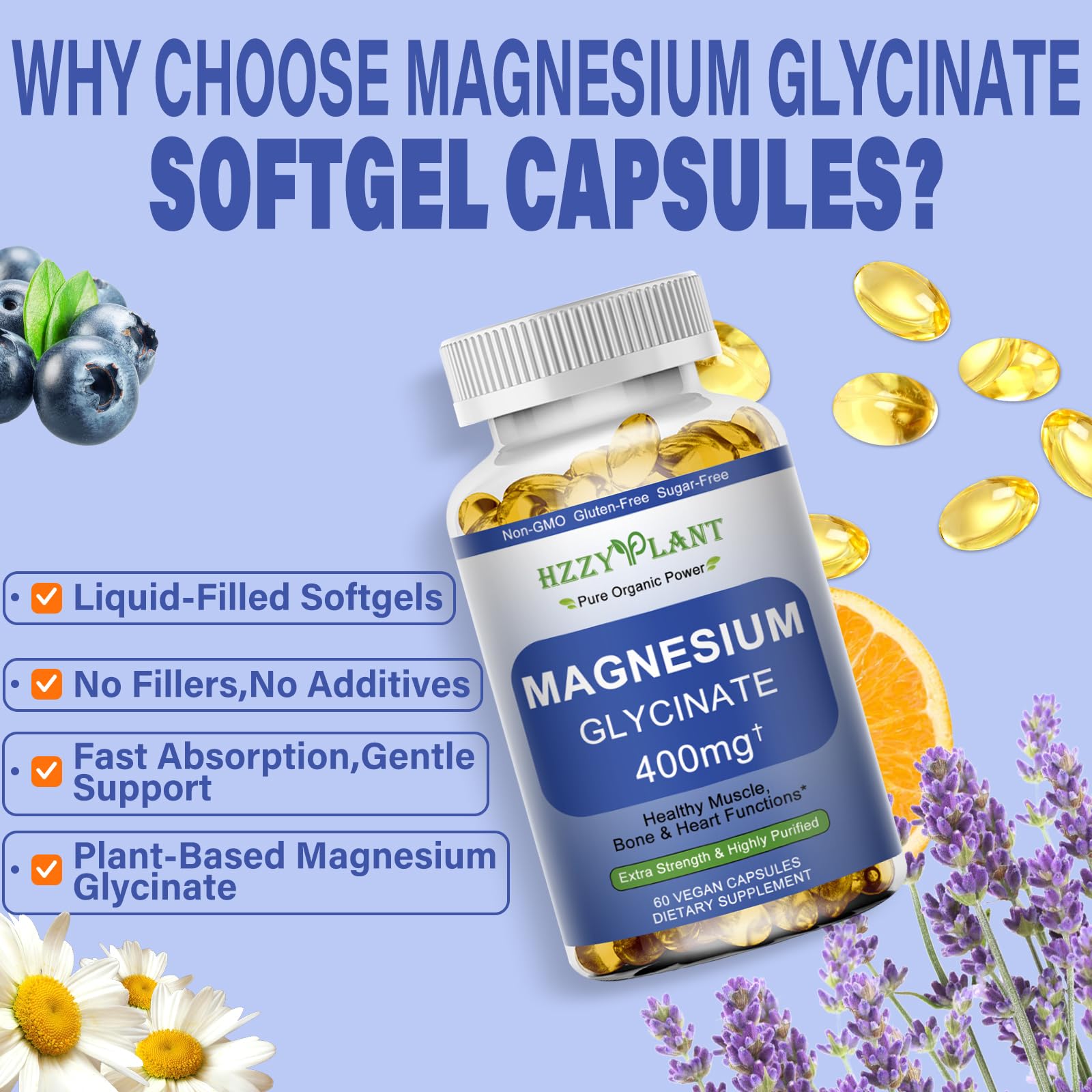 Magnesium Glycinate Softgels, High Absorption Magnesium Glycinate 400mg Supplement for Muscle, Heart, Sleep & Bone Support, Bisglycinate Softgel Capsules Supplement, Vegan, Non-GMO, 2 Month Supply HZZYPLANTAu supplements