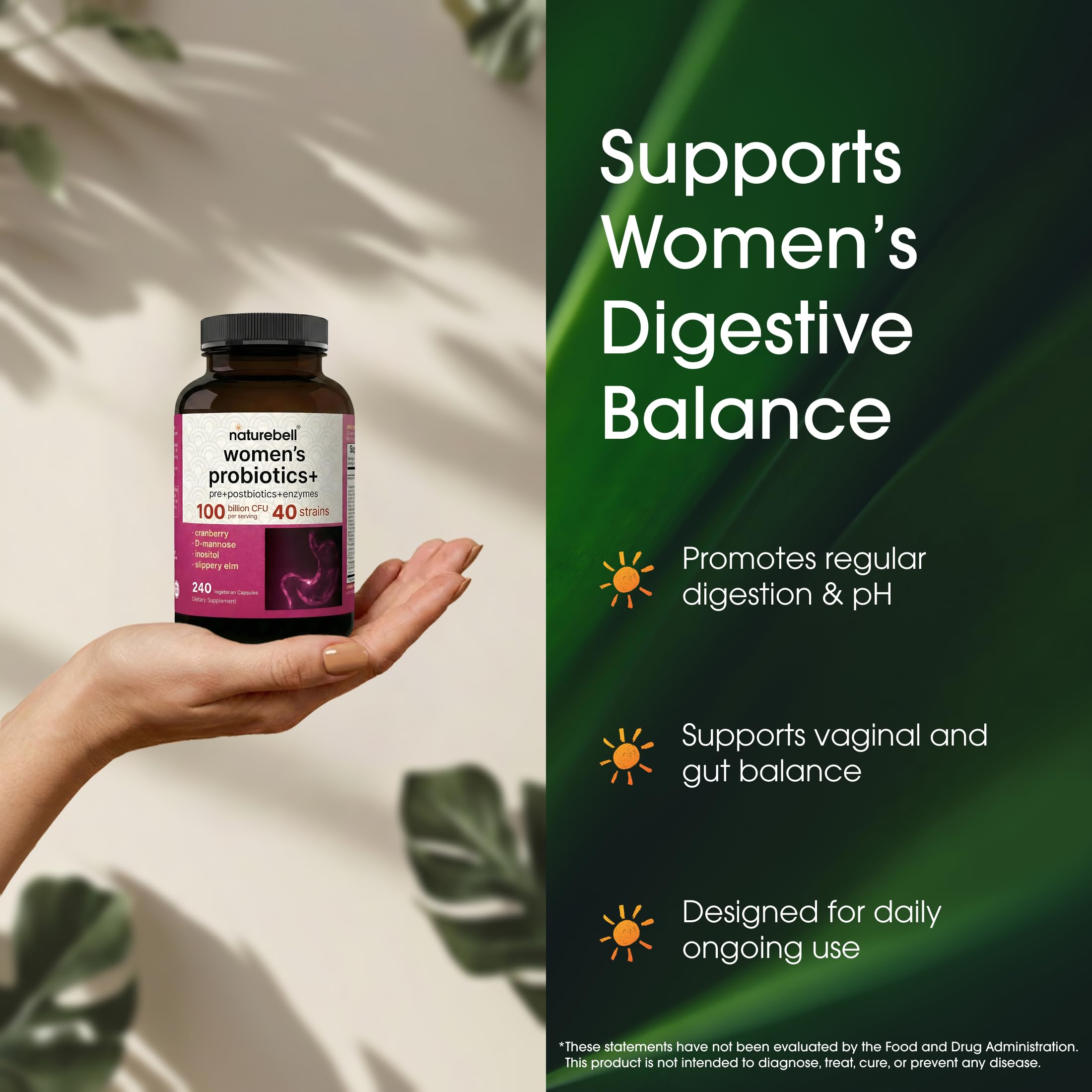 NatureBell Women's Probiotics+ - 240 Vegetarian Capsules - Prebiotic, Probiotic, Postbiotic & Digestive Enzymes - Made with Cranberry, D-Mannose, Inositol & More NatureBellAu supplements